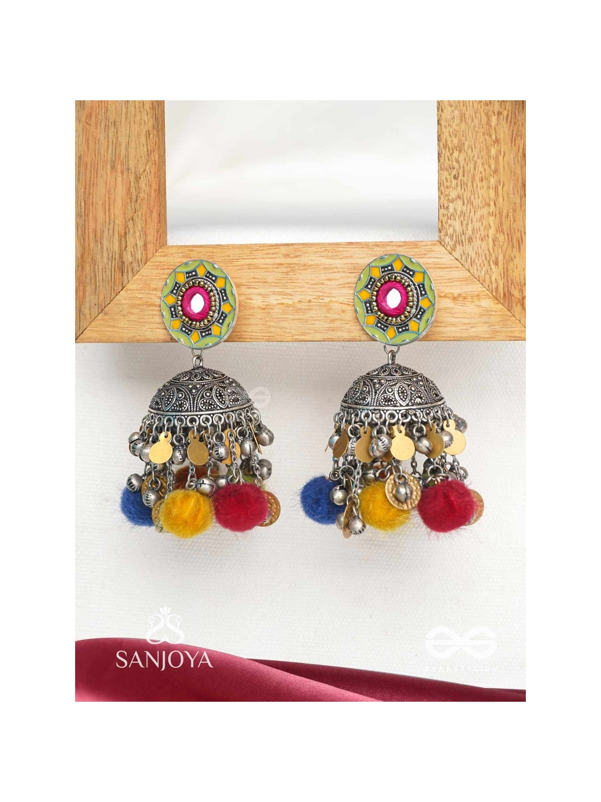 Asusama - Hues Of Happiness - Mirror And Coins Hand Embroidered Oxidised Jhumka Earrings