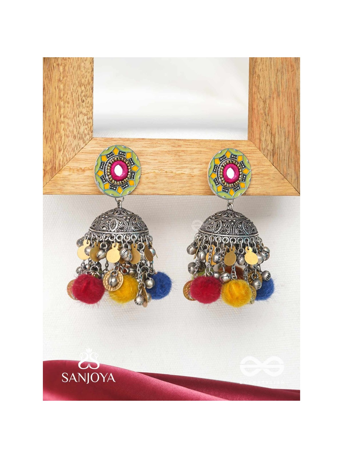 Asusama - Hues Of Happiness - Mirror And Coins Hand Embroidered Oxidised Jhumka Earrings