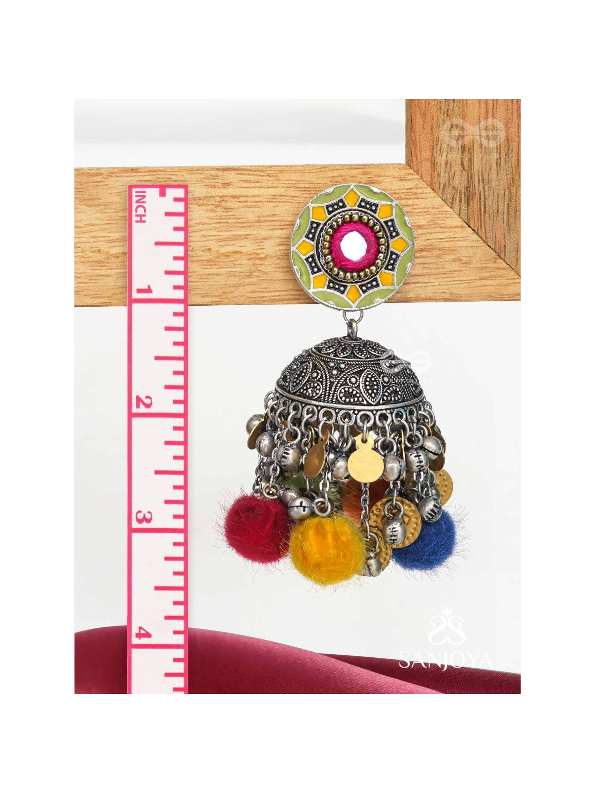 Asusama - Hues Of Happiness - Mirror And Coins Hand Embroidered Oxidised Jhumka Earrings