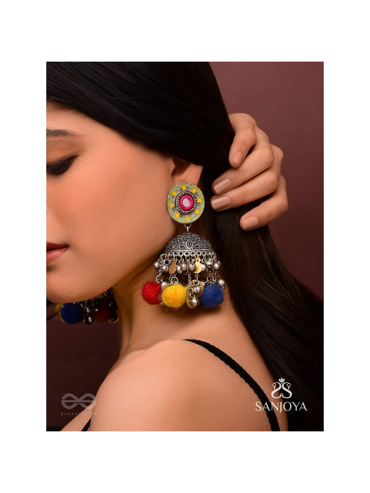 Asusama - Hues Of Happiness - Mirror And Coins Hand Embroidered Oxidised Jhumka Earrings