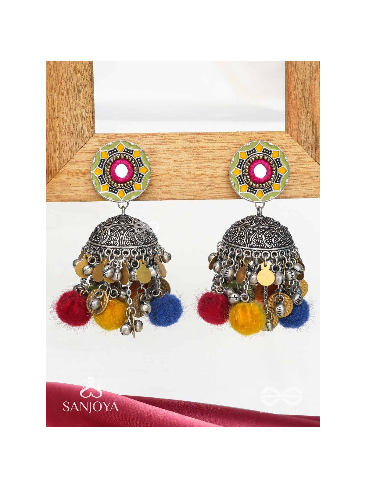 Asusama - Hues Of Happiness - Mirror And Coins Hand Embroidered Oxidised Jhumka Earrings