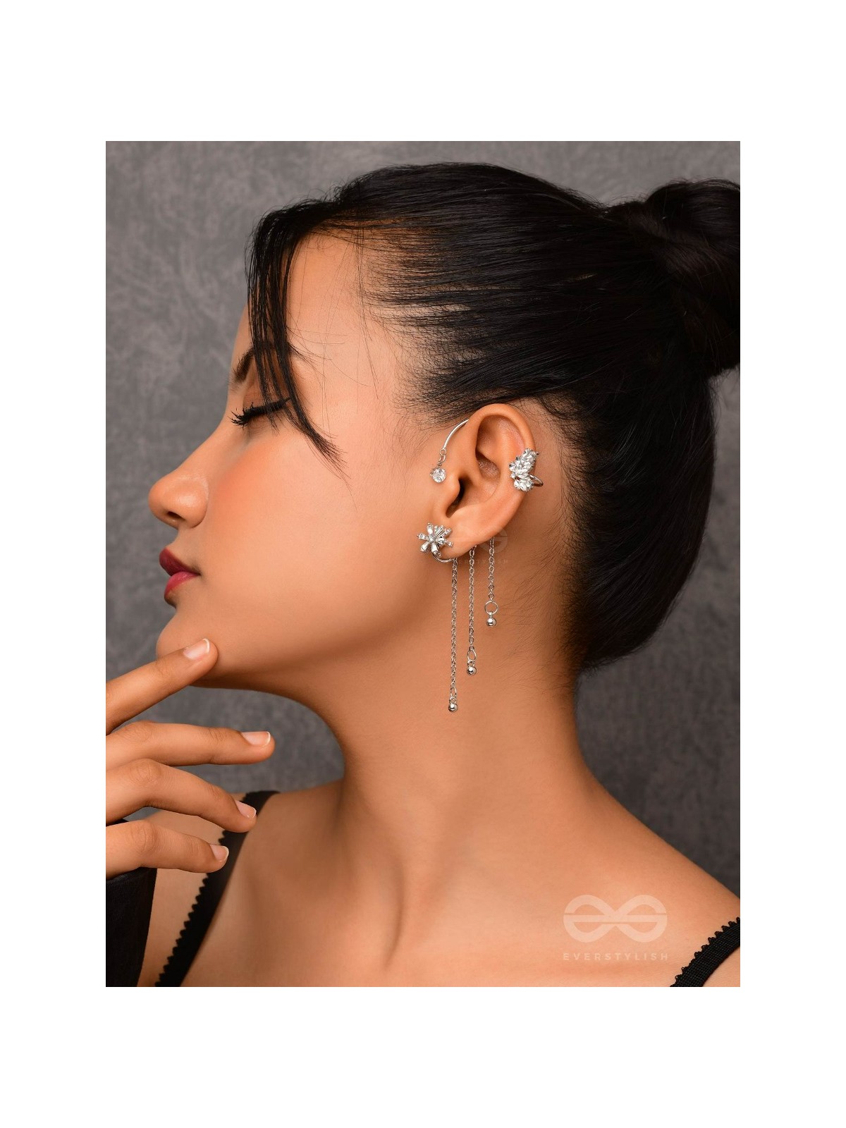 The Drizzling Stars - Silver Embellished Single Left Side Ear cuff (Non-Piercing)