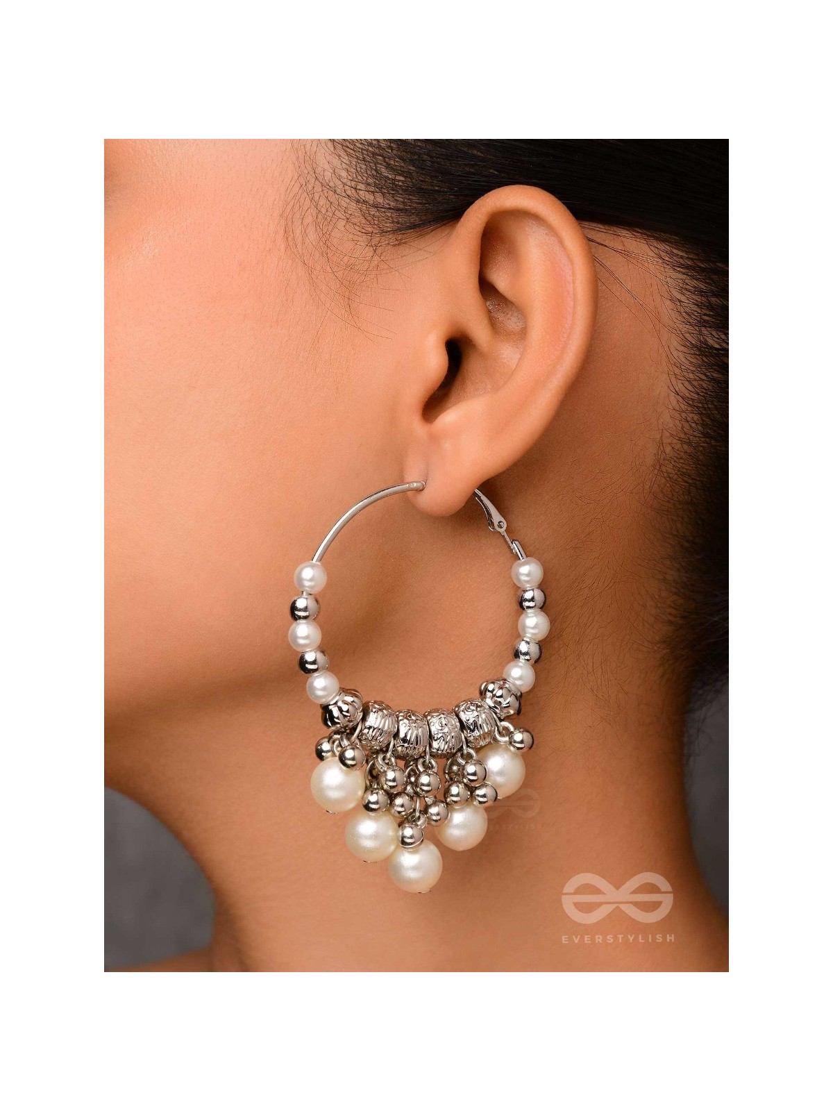 Stardust Pearl - Oxidized Pearl Hoop Earrings