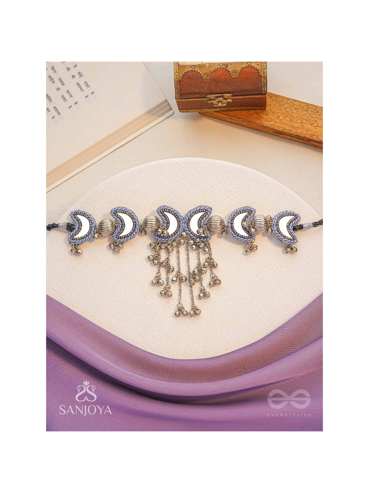 Ashvattha - The Blue Moon Night - Mirrors, Beads And Resham Hand Embroidered Oxidised Choker Neckpiece 