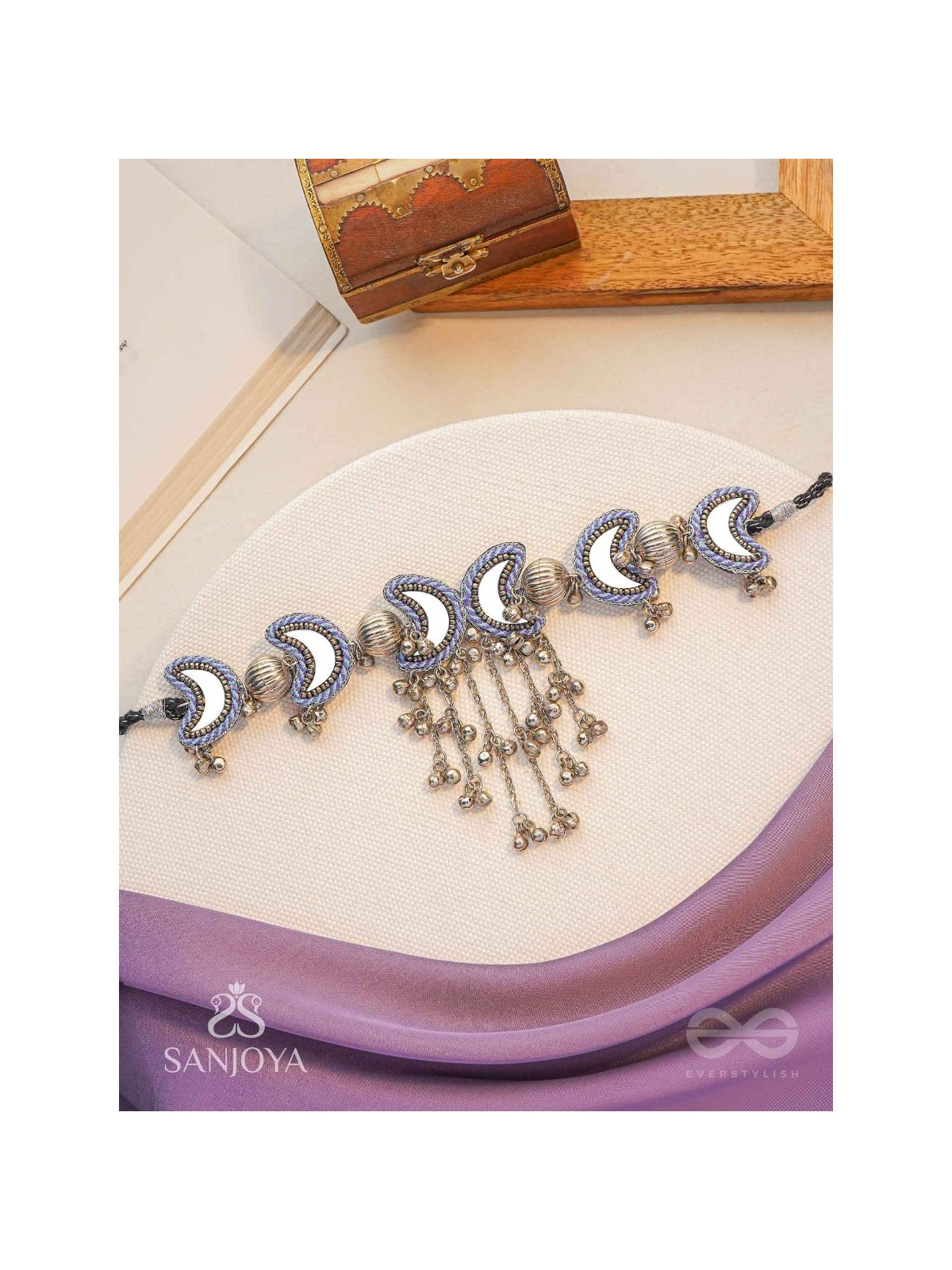 Ashvattha - The Blue Moon Night - Mirrors, Beads And Resham Hand Embroidered Oxidised Choker Neckpiece 