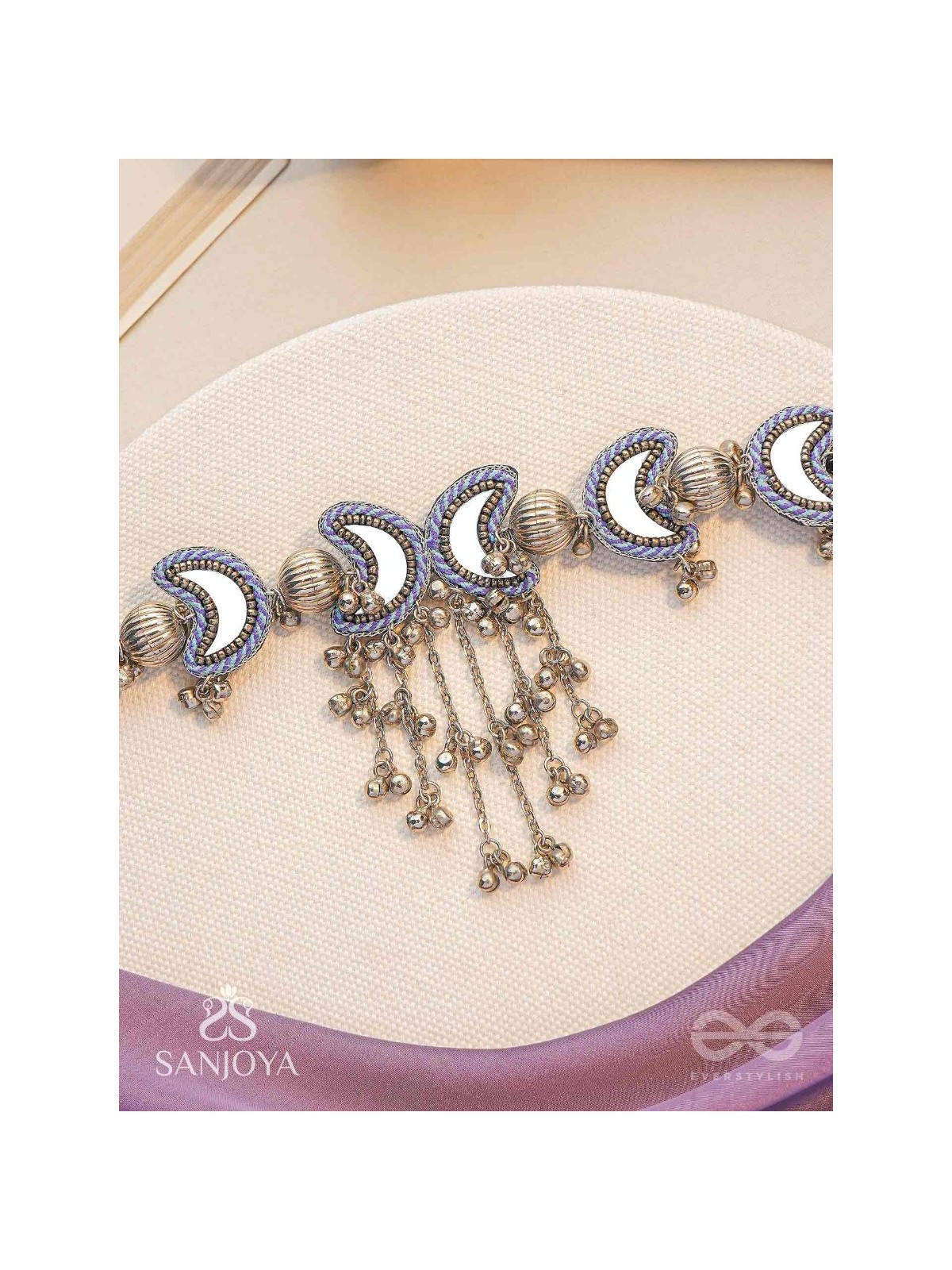 Ashvattha - The Blue Moon Night - Mirrors, Beads And Resham Hand Embroidered Oxidised Choker Neckpiece 