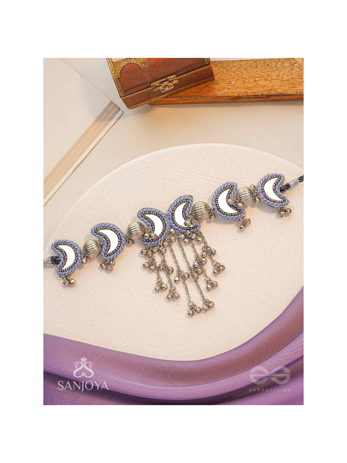 Ashvattha - The Blue Moon Night - Mirrors, Beads And Resham Hand Embroidered Oxidised Choker Neckpiece 