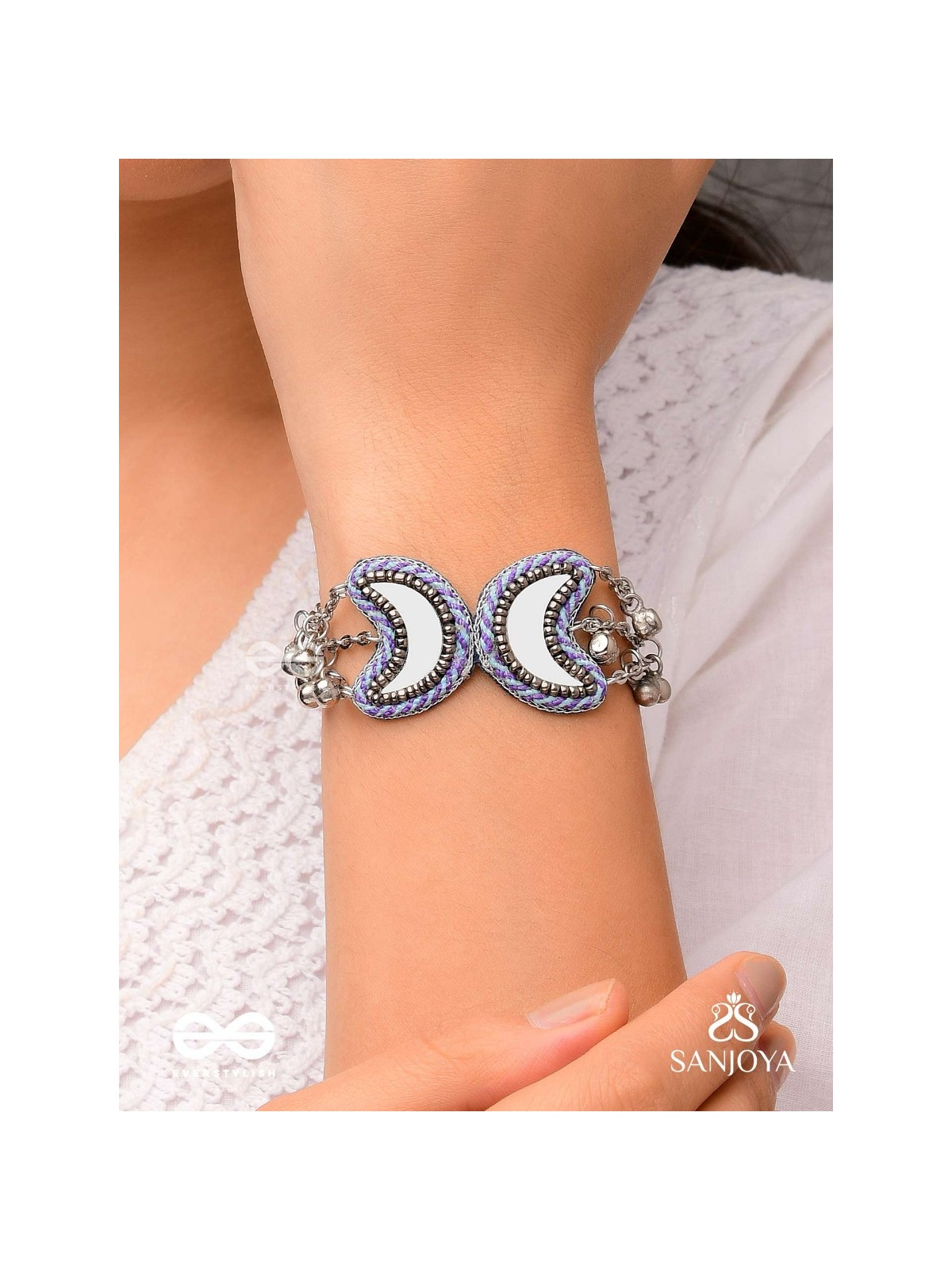 Chandrasalokya - The Lunar Twins - Mirrors, Resham And Beads Hand Embroidered Oxidised Bracelet