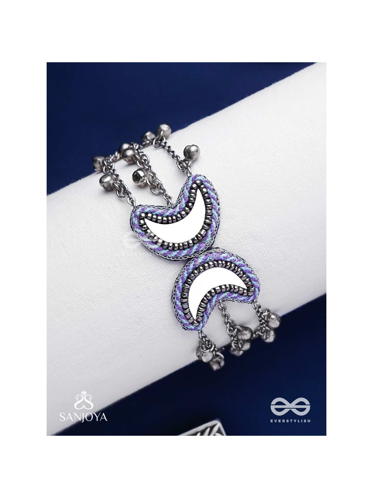 Chandrasalokya - The Lunar Twins - Mirrors, Resham And Beads Hand Embroidered Oxidised Bracelet