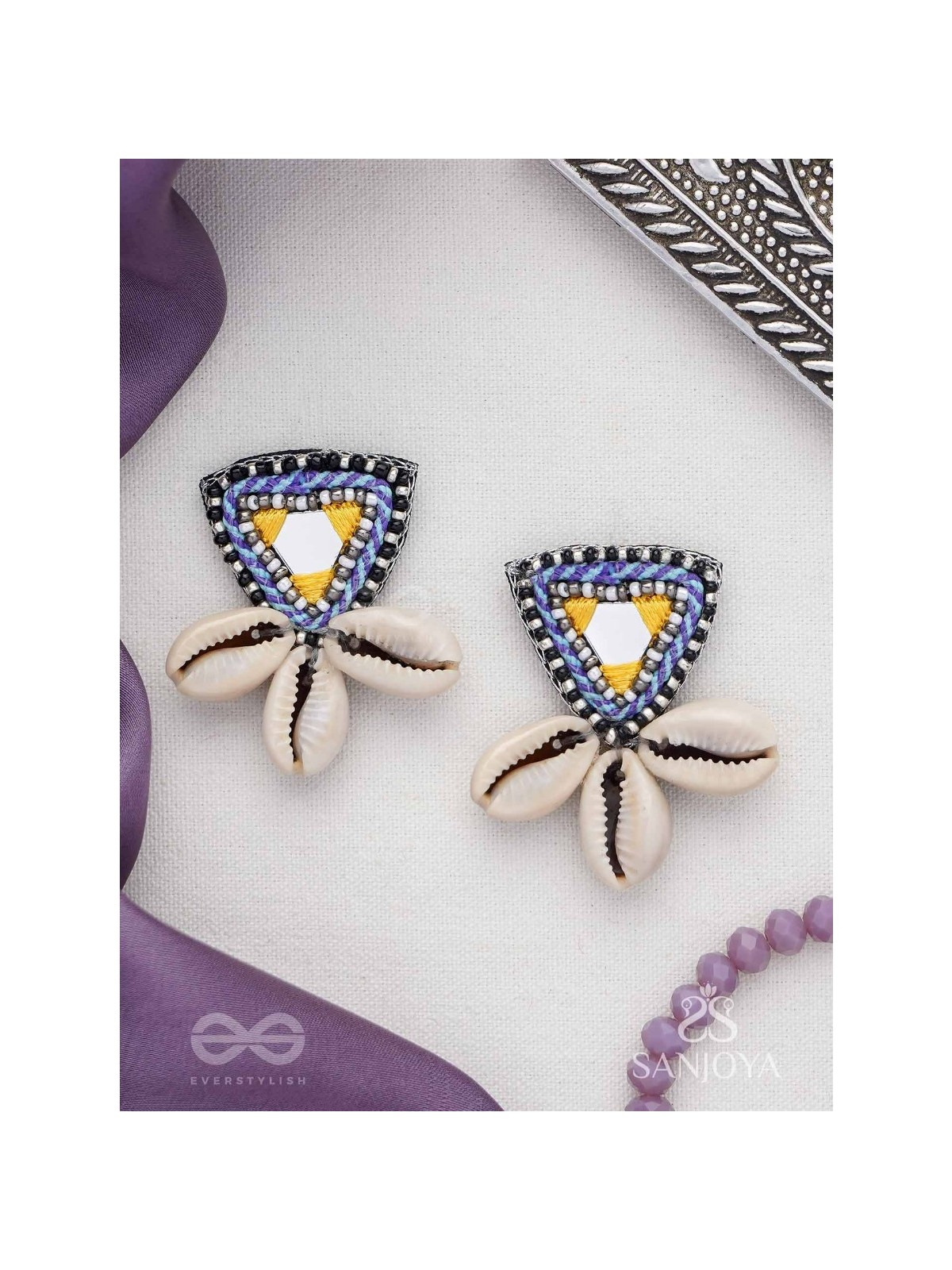 Kapardin - The Shells Trio - Mirror, Resham And Shells Hand Embroidered Earrings