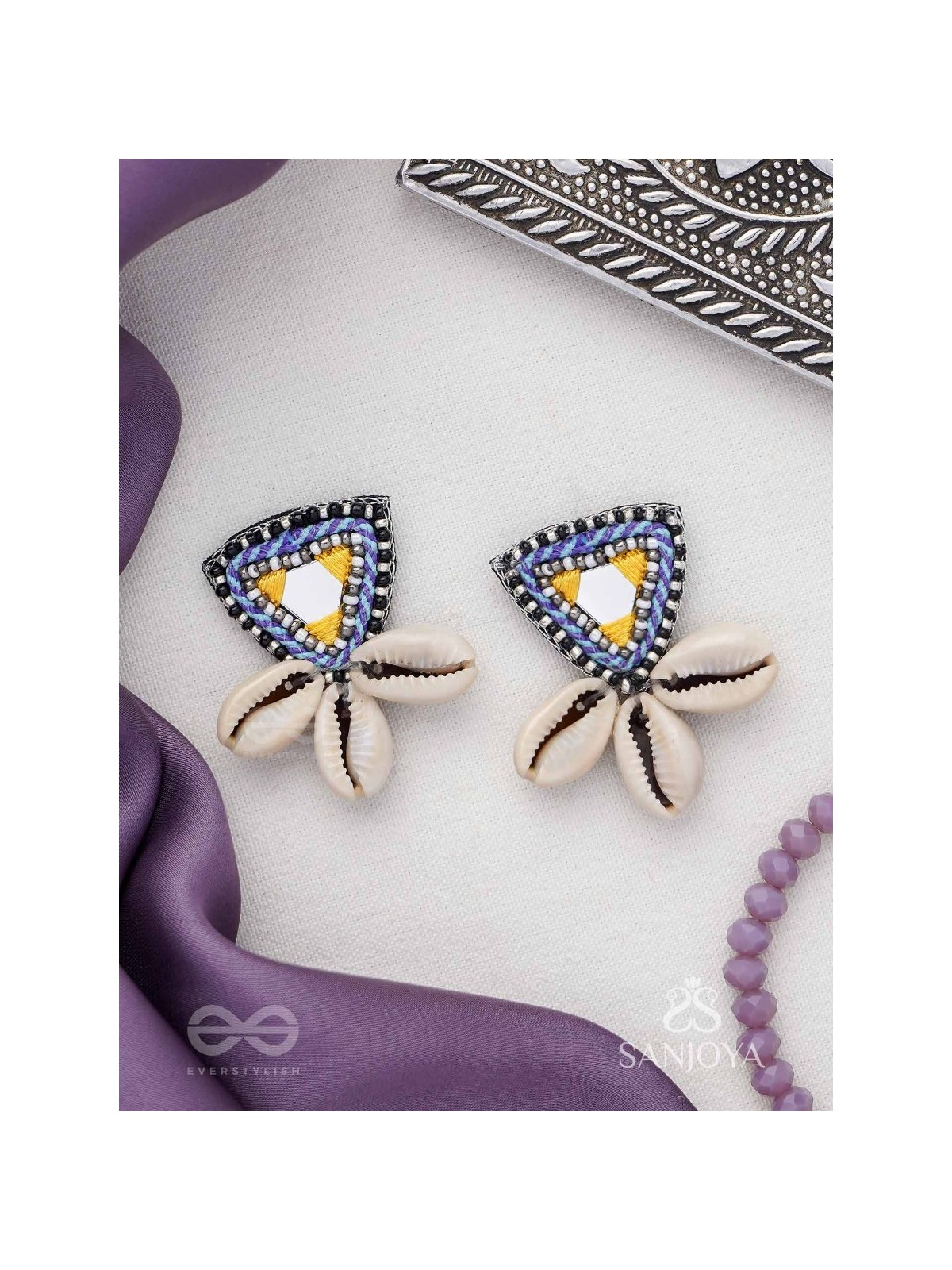 Kapardin - The Shells Trio - Mirror, Resham And Shells Hand Embroidered Earrings