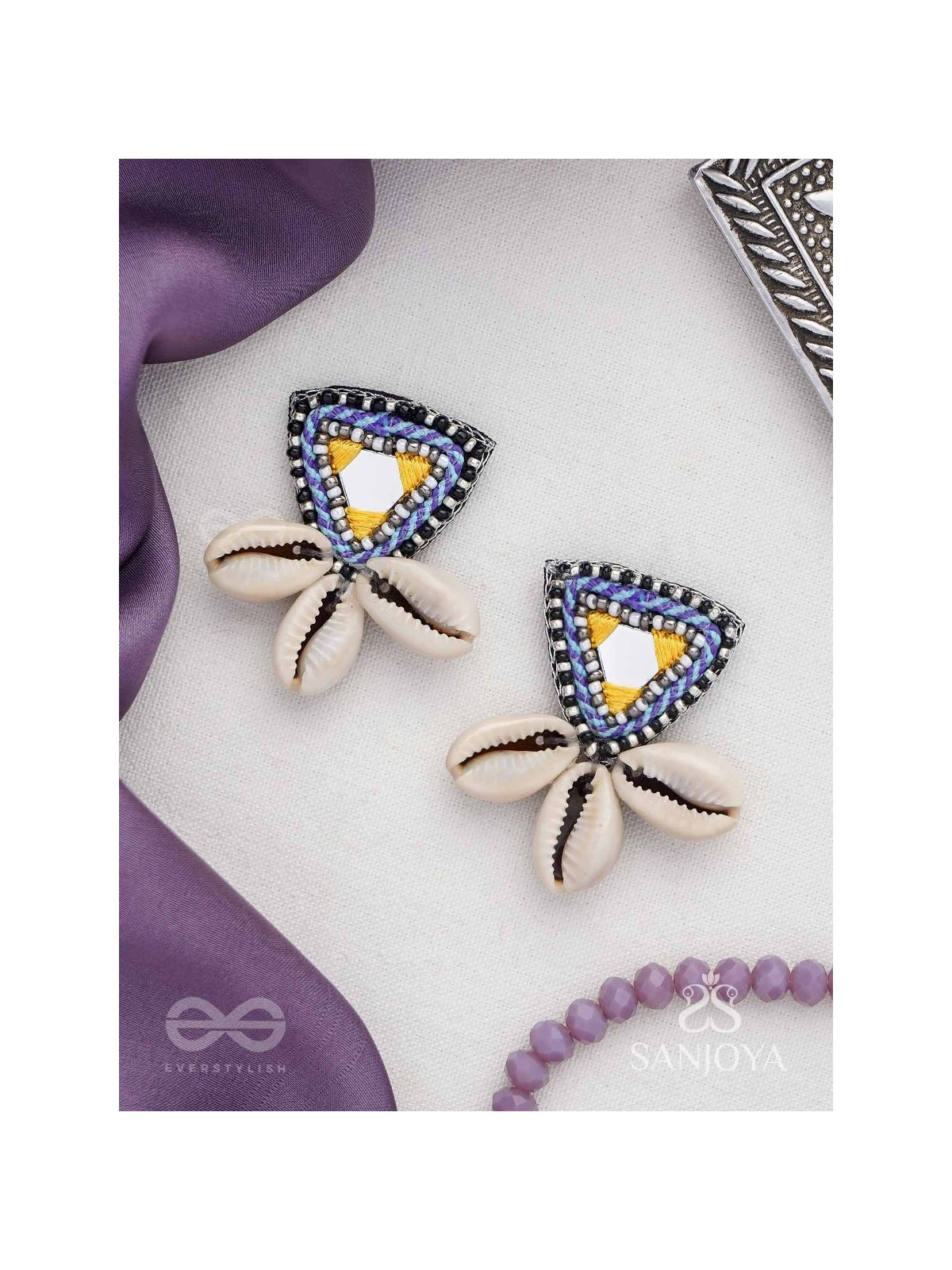 Kapardin - The Shells Trio - Mirror, Resham And Shells Hand Embroidered Earrings
