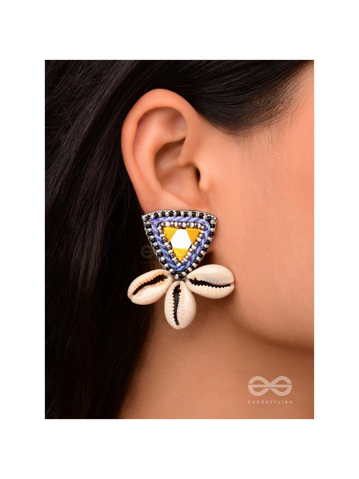 Kapardin - The Shells Trio - Mirror, Resham And Shells Hand Embroidered Earrings