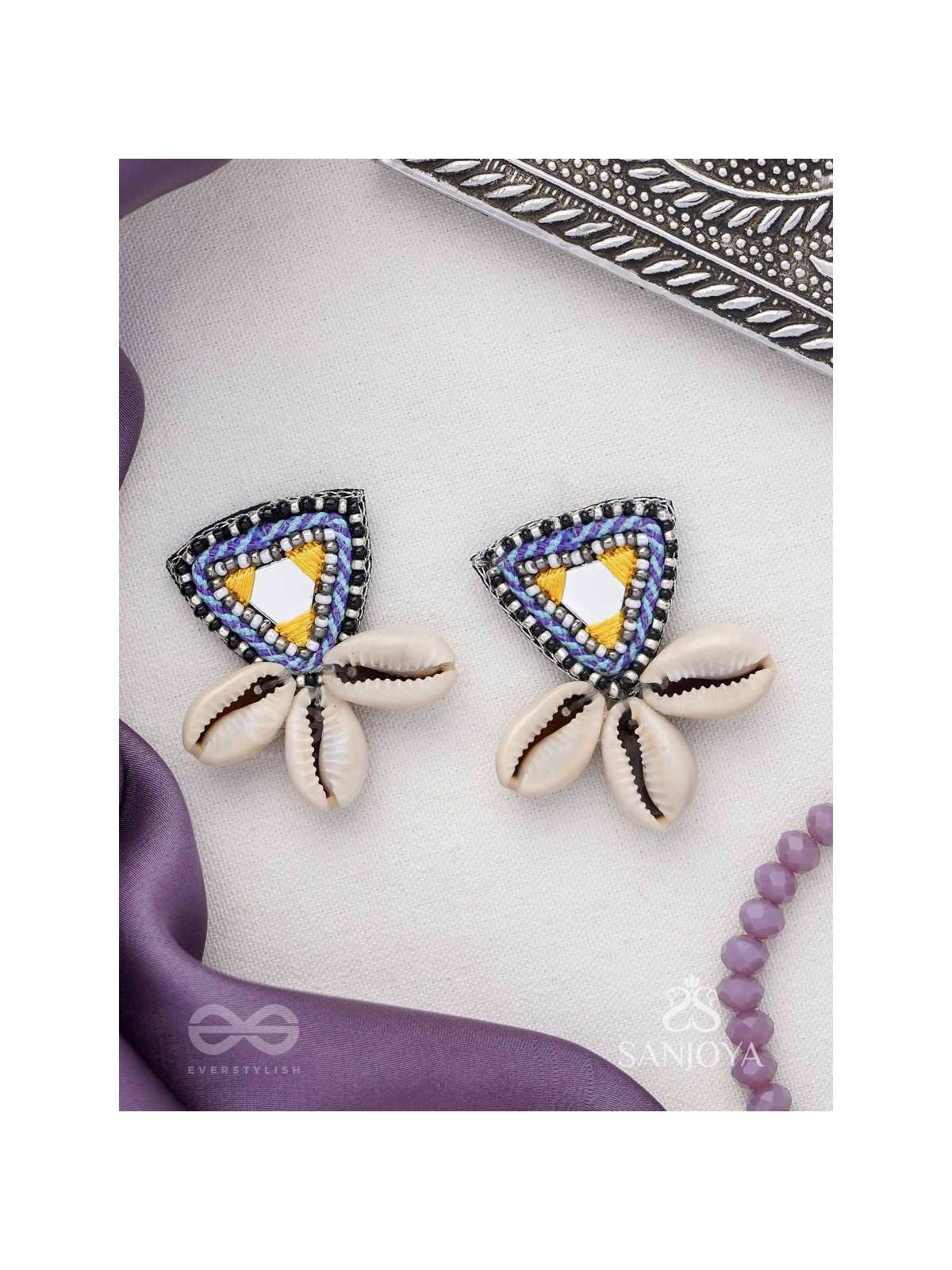 Kapardin - The Shells Trio - Mirror, Resham And Shells Hand Embroidered Earrings