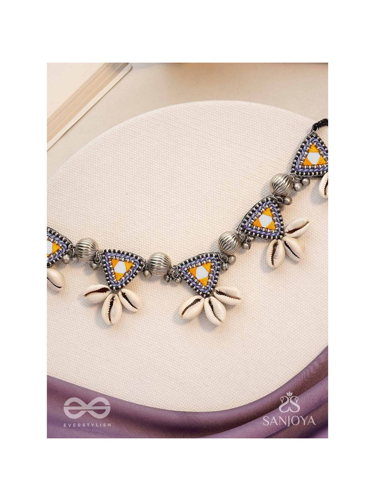 Shanakhya - The Prismy Shells - Mirrors, Shells, Resham And Beads Hand Embroidered Oxidised Choker Neckpiece