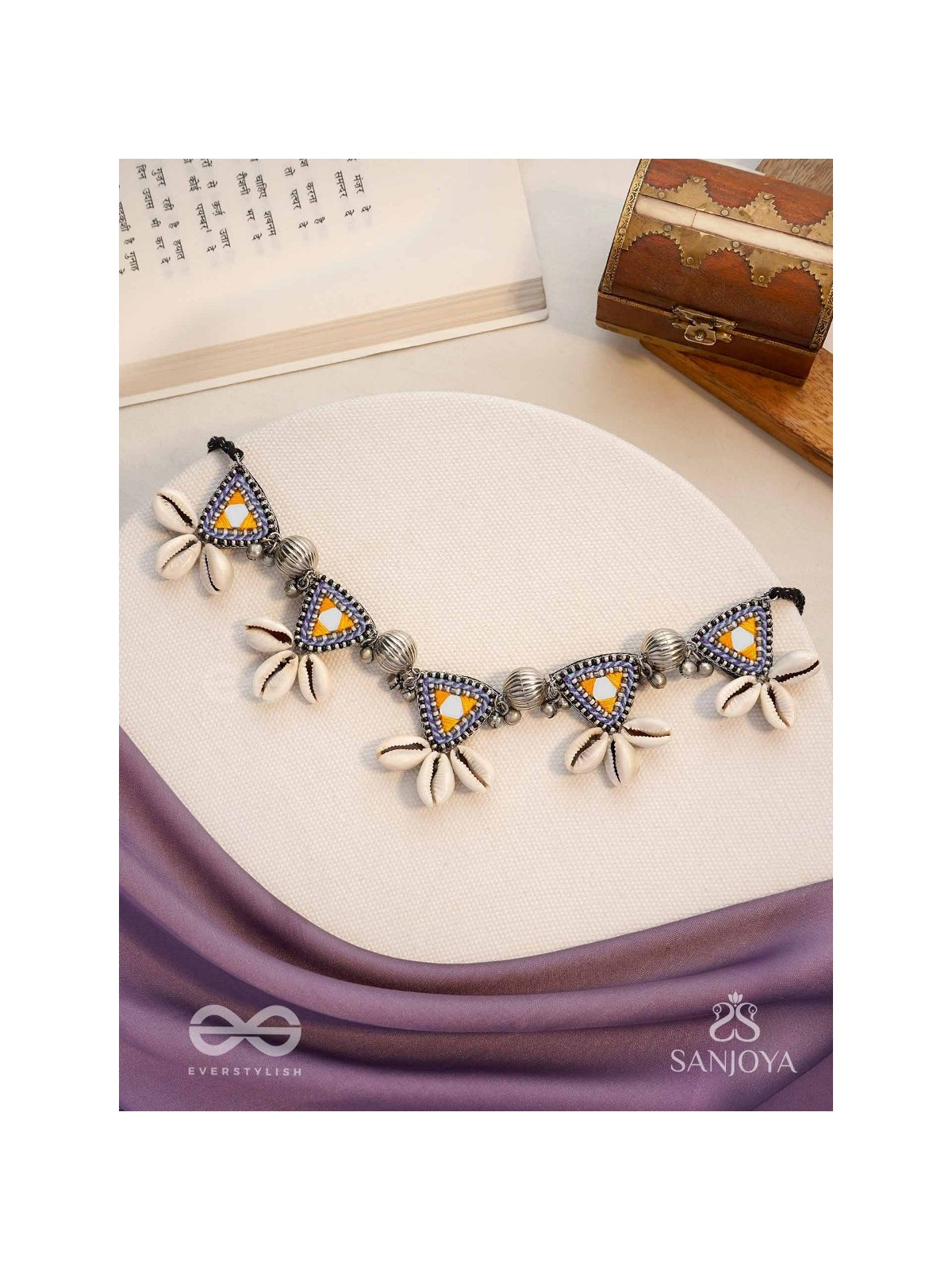 Shanakhya - The Prismy Shells - Mirrors, Shells, Resham And Beads Hand Embroidered Oxidised Choker Neckpiece