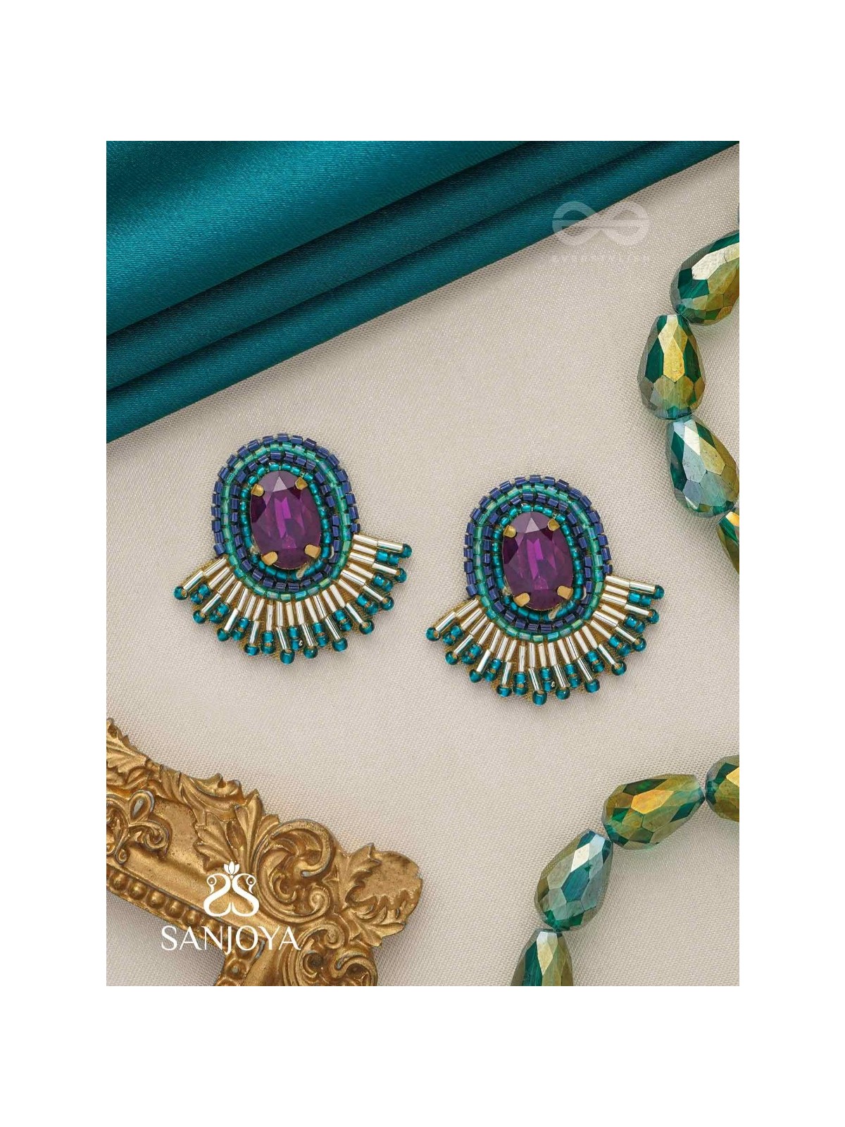 Abdimat -The Twilight  Radiance - Stone And Cutdana Hand Embroidered Earrings