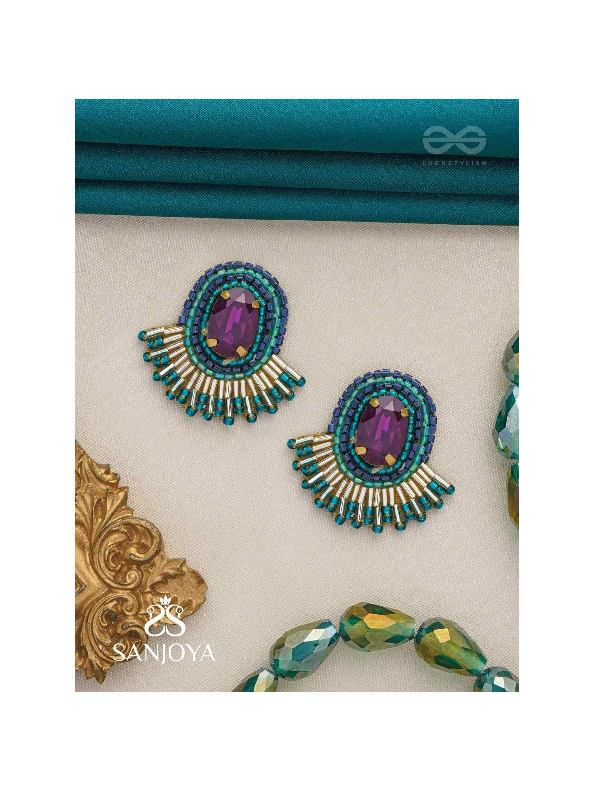 Abdimat -The Twilight  Radiance - Stone And Cutdana Hand Embroidered Earrings