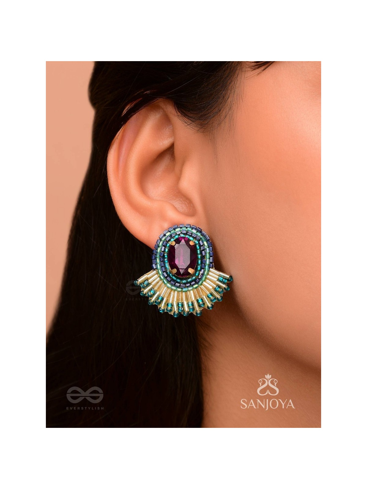 Abdimat -The Twilight  Radiance - Stone And Cutdana Hand Embroidered Earrings