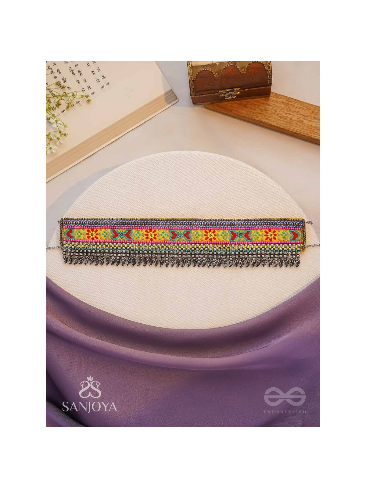 Aatpavat - The Sunlit Field - Resham And Beads Hand Embroidered Oxidised Lace Choker Neckpiece