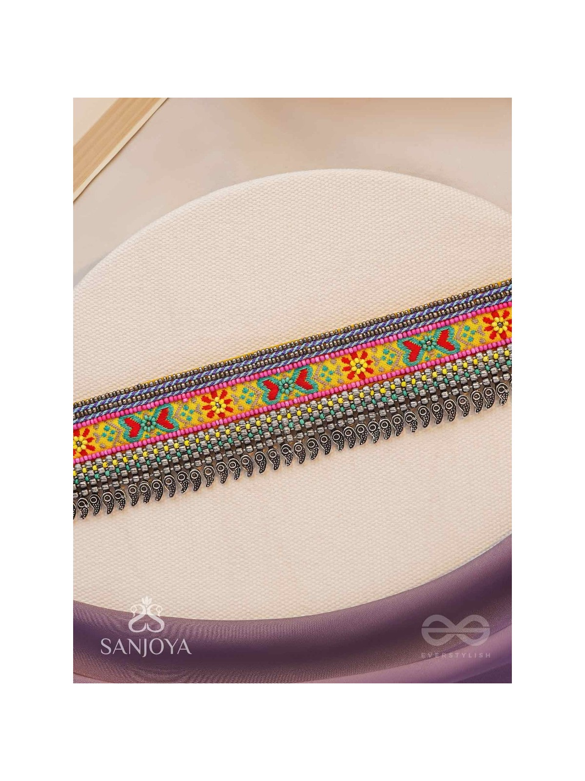 Aatpavat - The Sunlit Field - Resham And Beads Hand Embroidered Oxidised Lace Choker Neckpiece