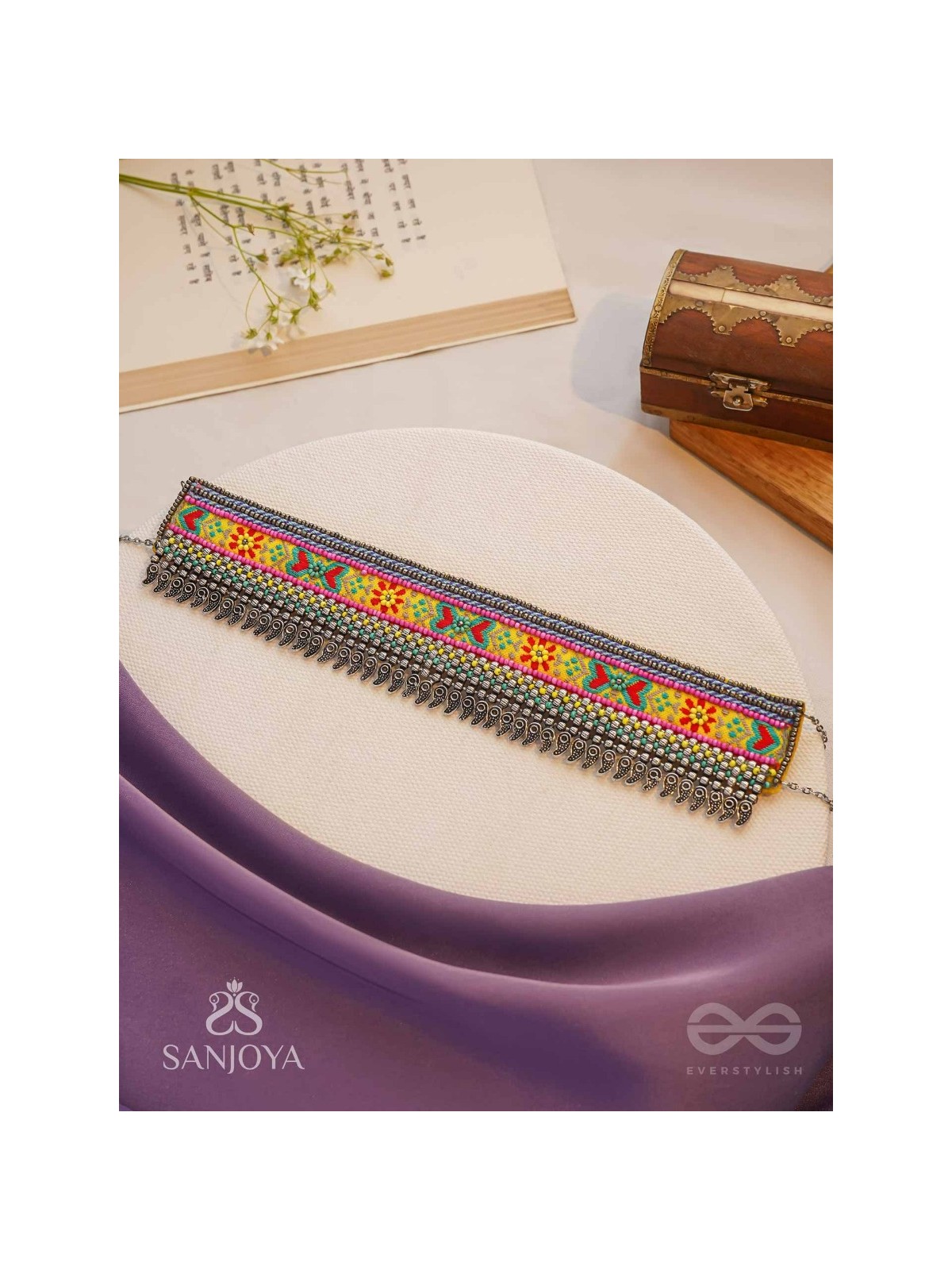 Aatpavat - The Sunlit Field - Resham And Beads Hand Embroidered Oxidised Lace Choker Neckpiece