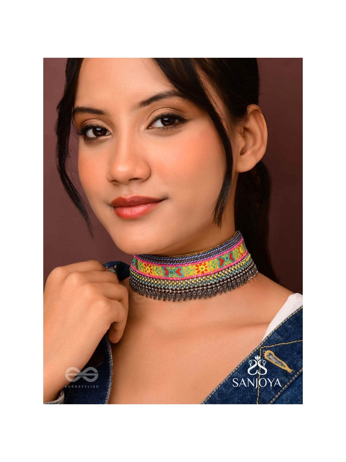 Aatpavat - The Sunlit Field - Resham And Beads Hand Embroidered Oxidised Lace Choker Neckpiece