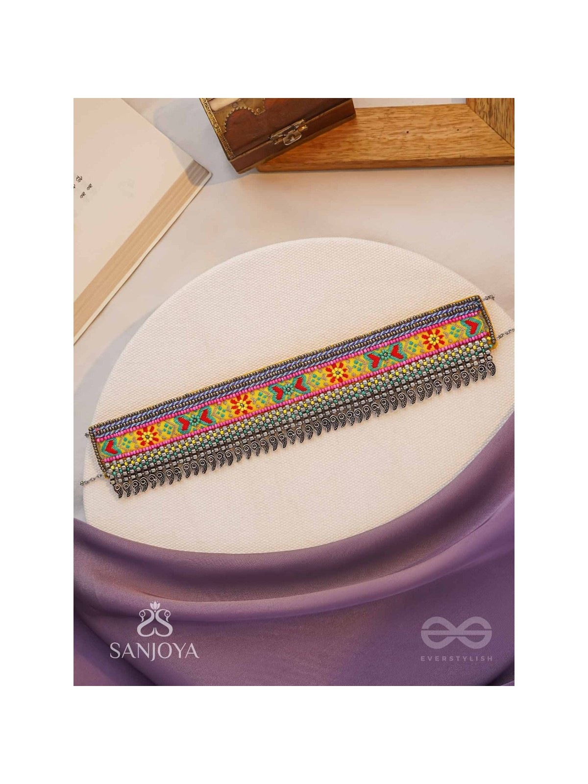 Aatpavat - The Sunlit Field - Resham And Beads Hand Embroidered Oxidised Lace Choker Neckpiece