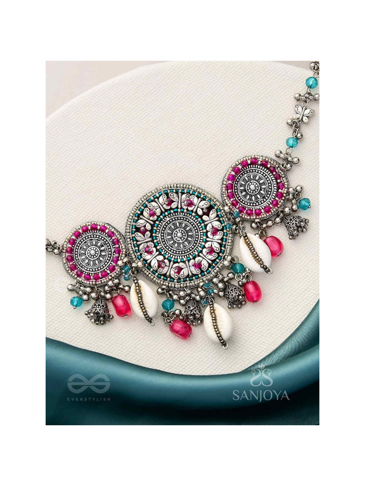 Akratu- The Wheels Of Liberty- Shells, Beads And Glass Drops Hand Embroidered Oxidised Choker Neckpiece