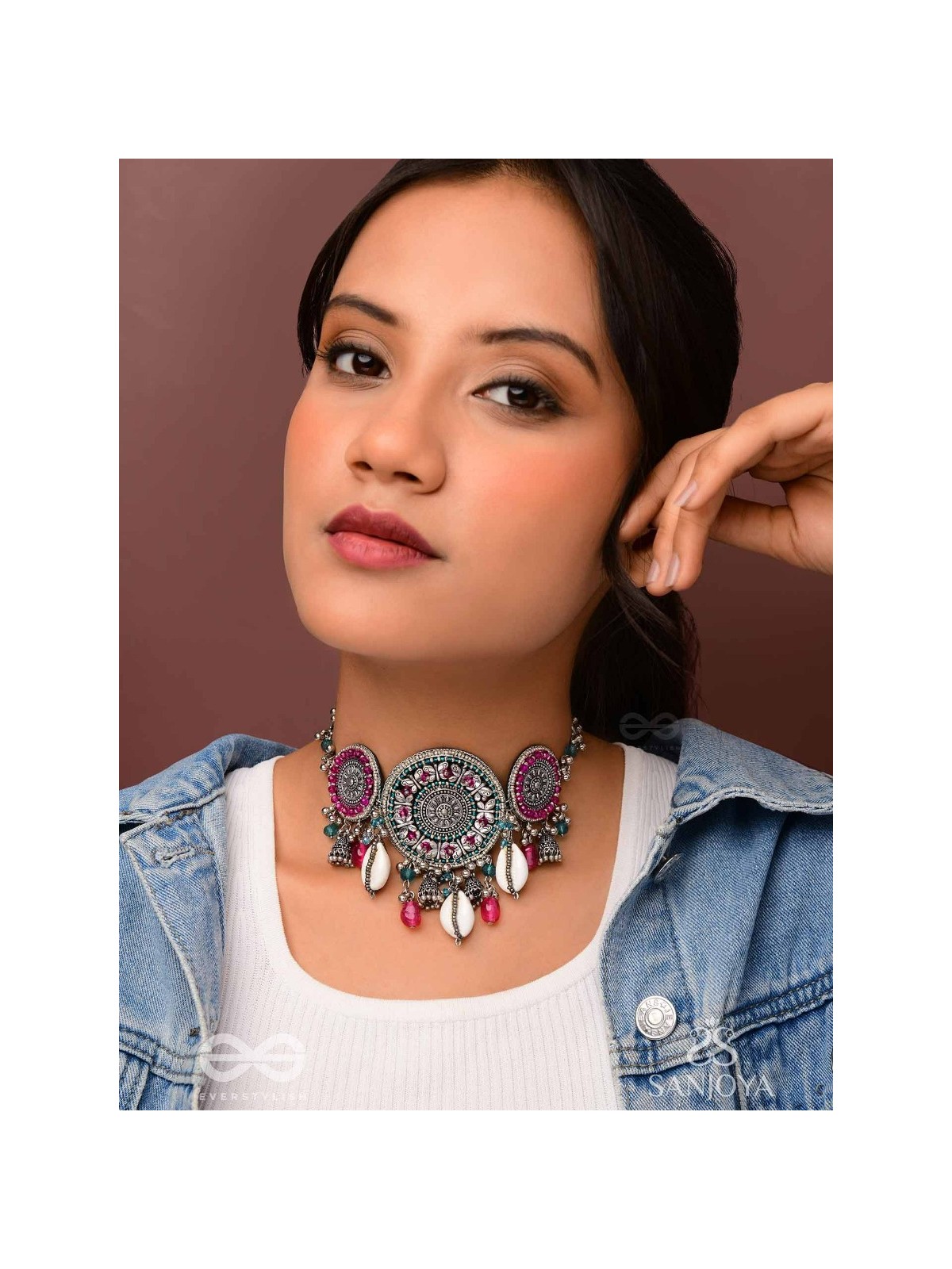 Akratu- The Wheels Of Liberty- Shells, Beads And Glass Drops Hand Embroidered Oxidised Choker Neckpiece