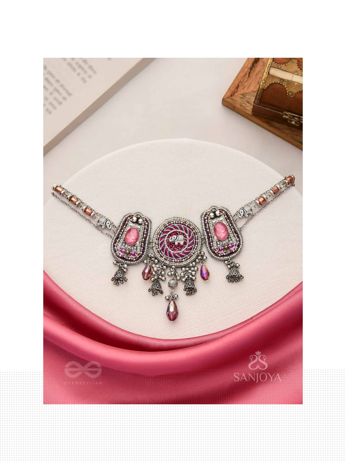 Jagatparayan - The Fuchsia Galaxy- Stones, Beads And Glass Drops Hand Embroidered Choker Neckpiece