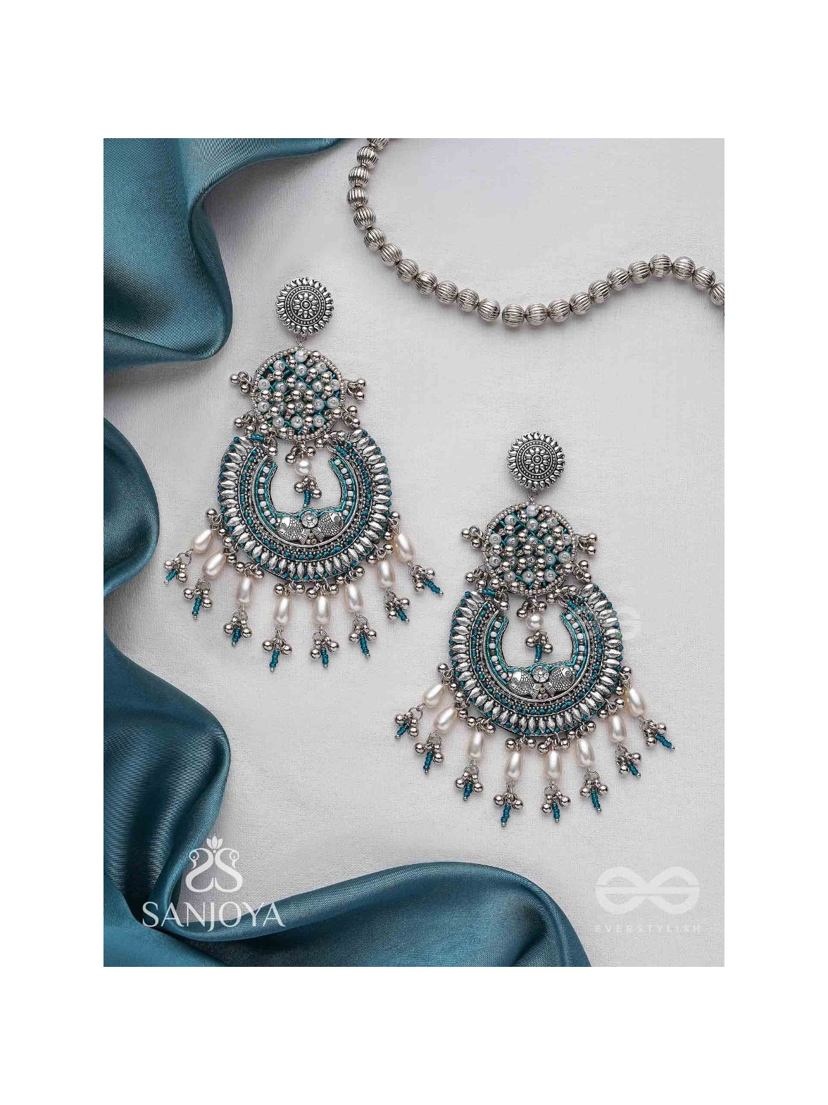Atisiddhi- The Perfect Intricacy- Beads And Pearl Drops Hand Embroidered Oxidised Earrings