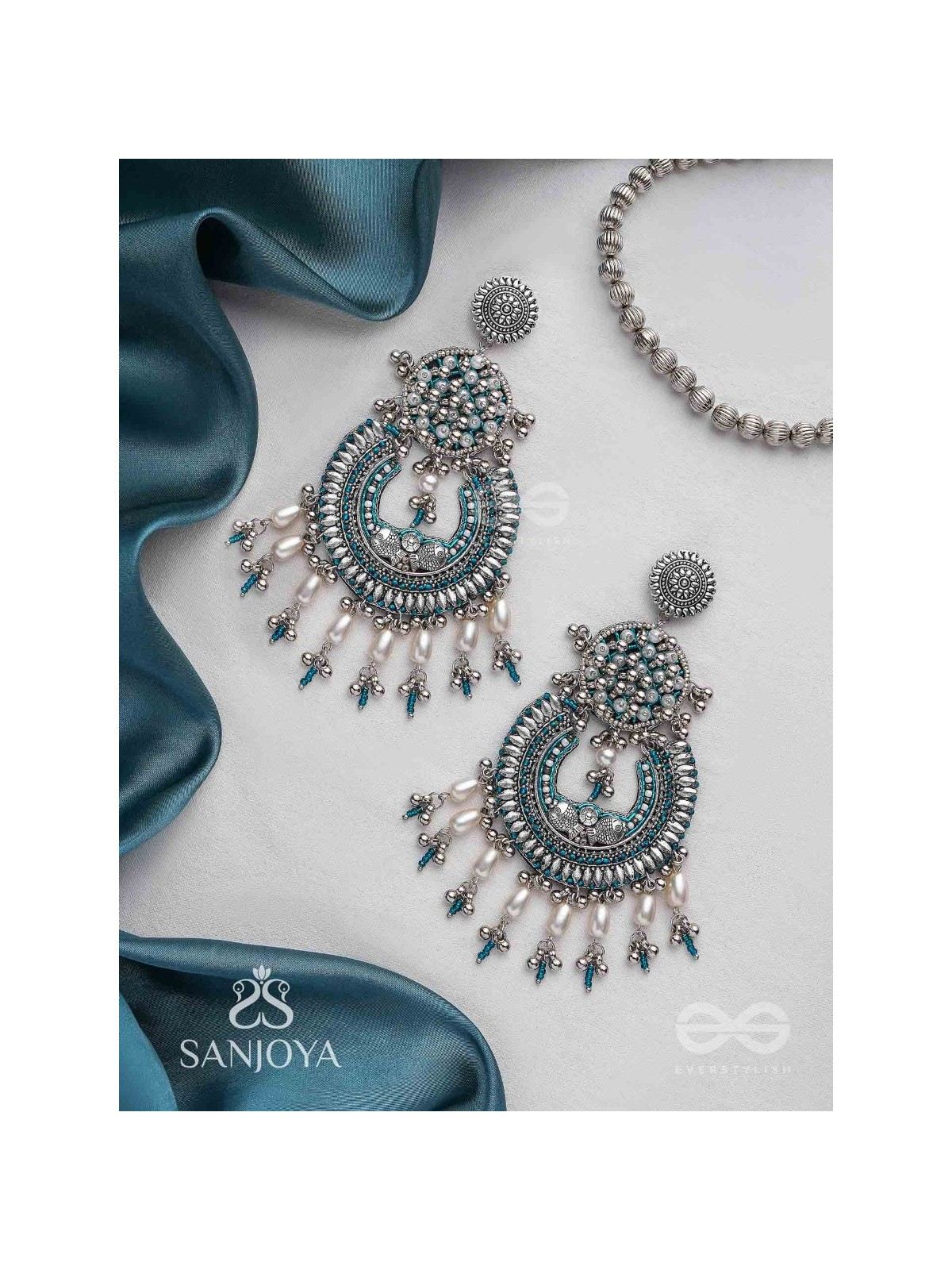 Atisiddhi- The Perfect Intricacy- Beads And Pearl Drops Hand Embroidered Oxidised Earrings
