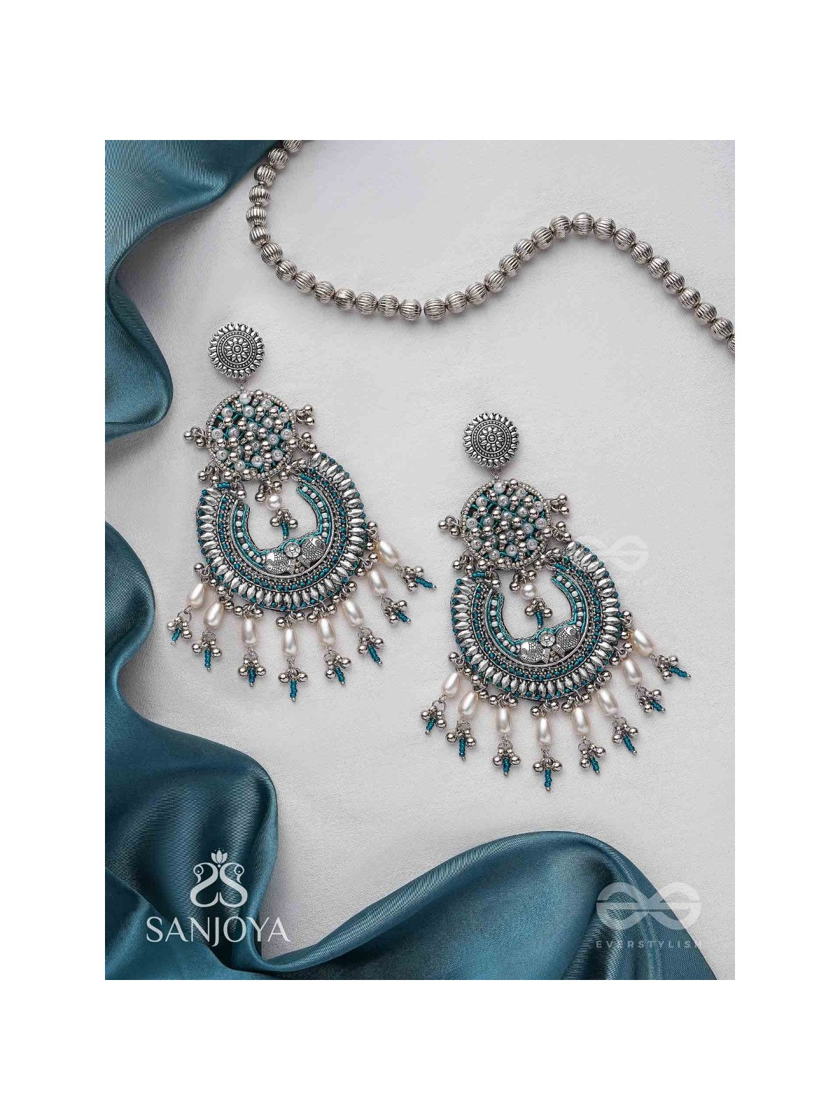Atisiddhi- The Perfect Intricacy- Beads And Pearl Drops Hand Embroidered Oxidised Earrings