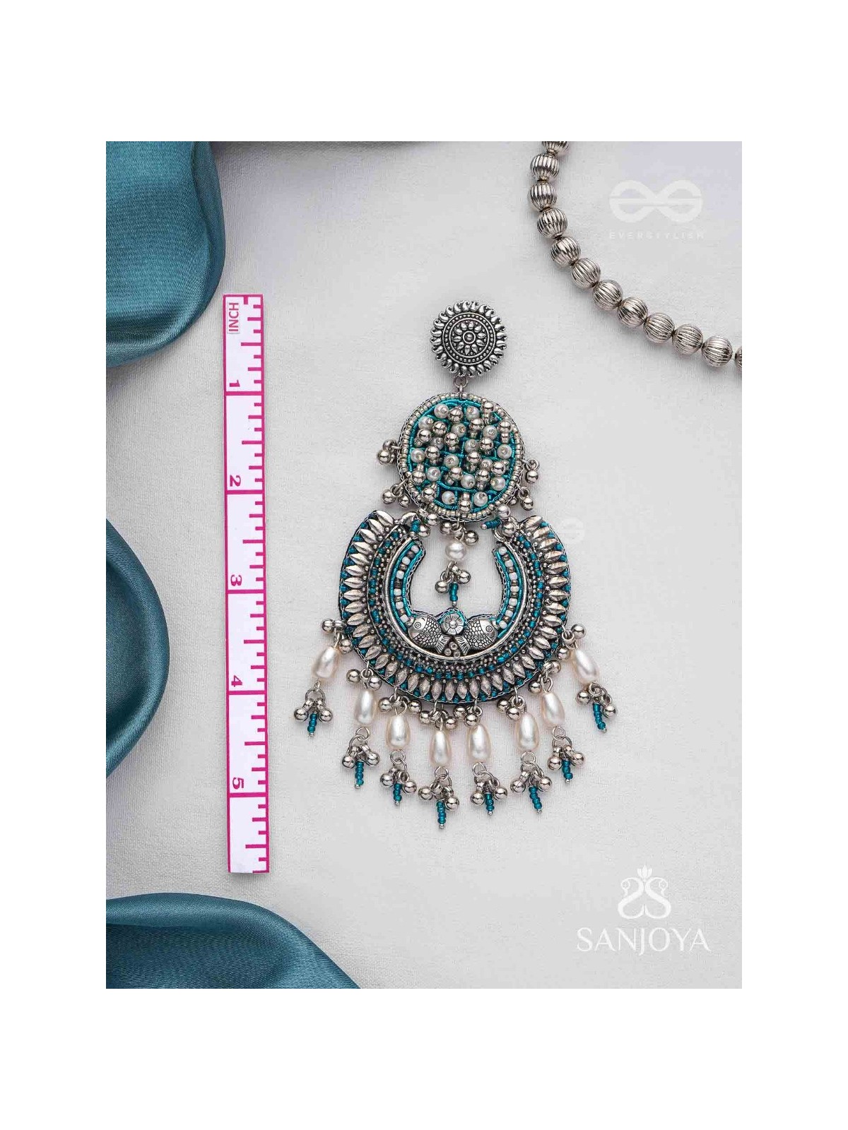 Atisiddhi- The Perfect Intricacy- Beads And Pearl Drops Hand Embroidered Oxidised Earrings