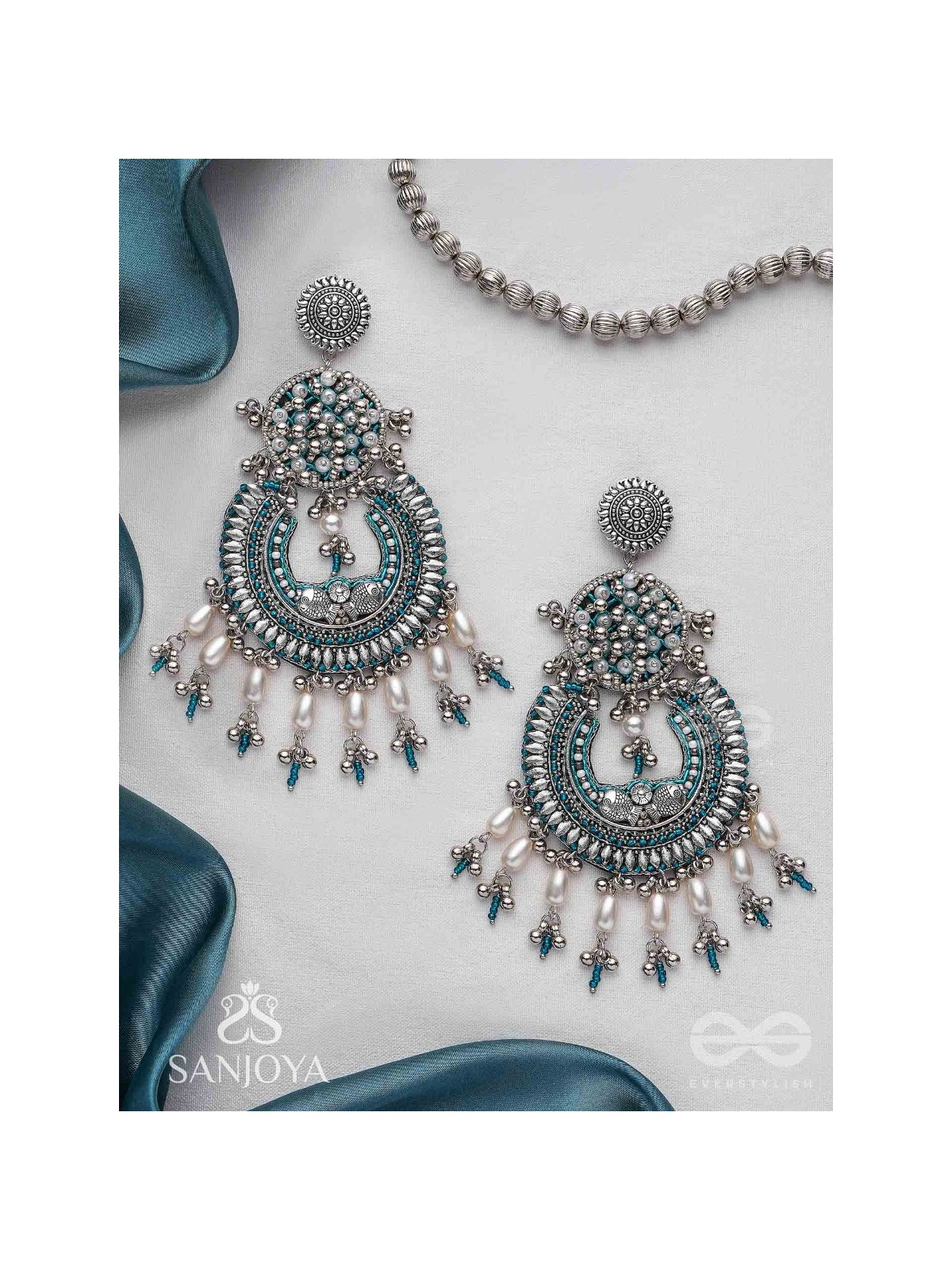 Atisiddhi- The Perfect Intricacy- Beads And Pearl Drops Hand Embroidered Oxidised Earrings