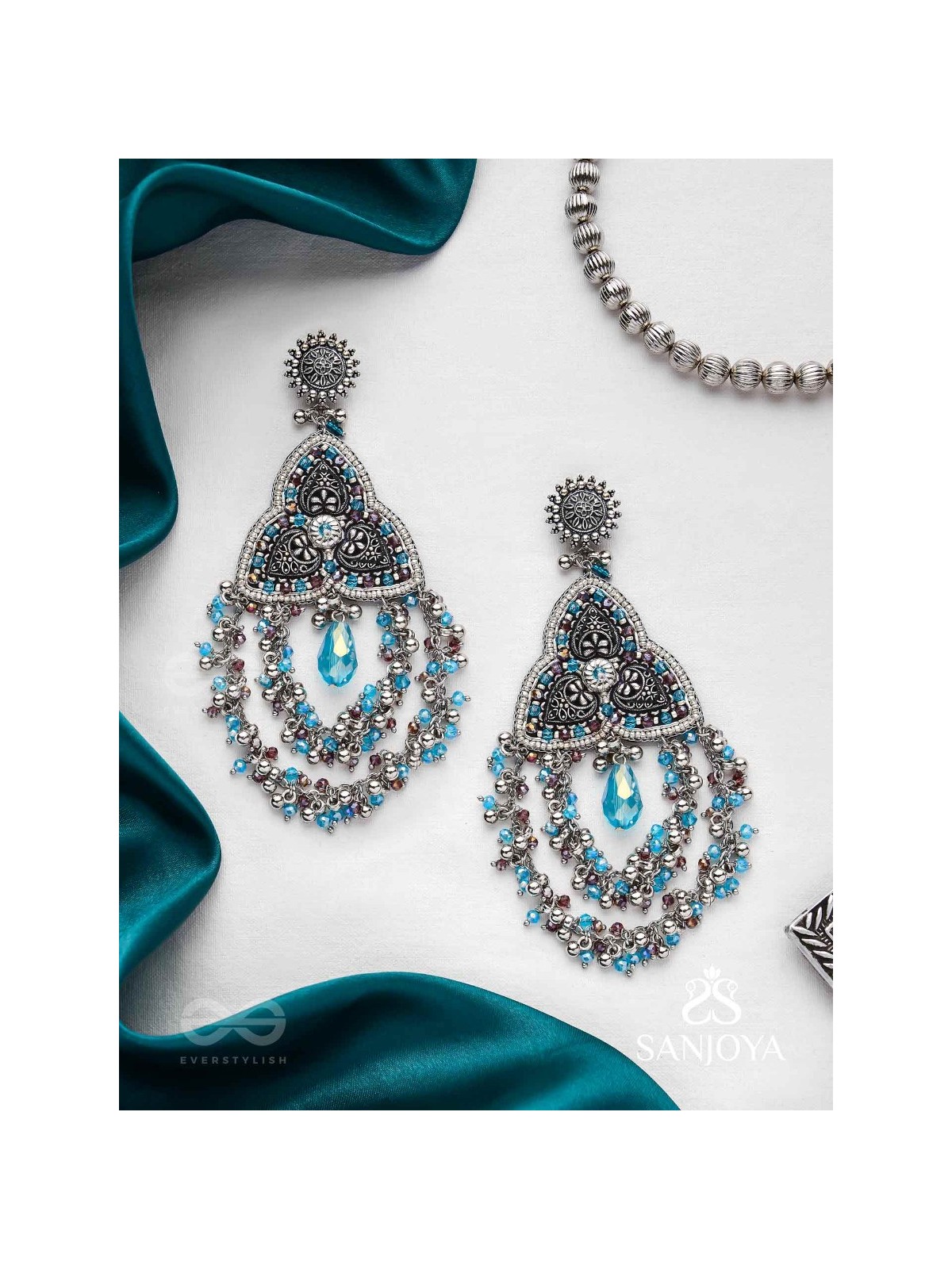 Prakirtih- The Euphoric Celebrations- Beads And Glass Drops Hand Embroidered Oxidised Earrings