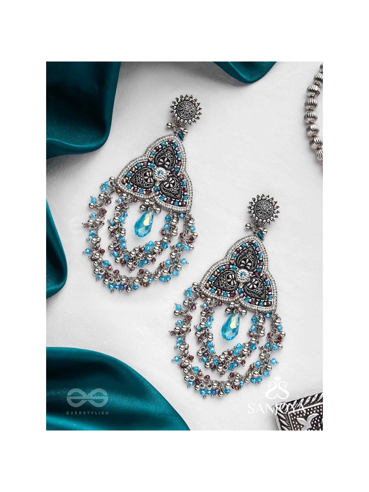 Prakirtih- The Euphoric Celebrations- Beads And Glass Drops Hand Embroidered Oxidised Earrings