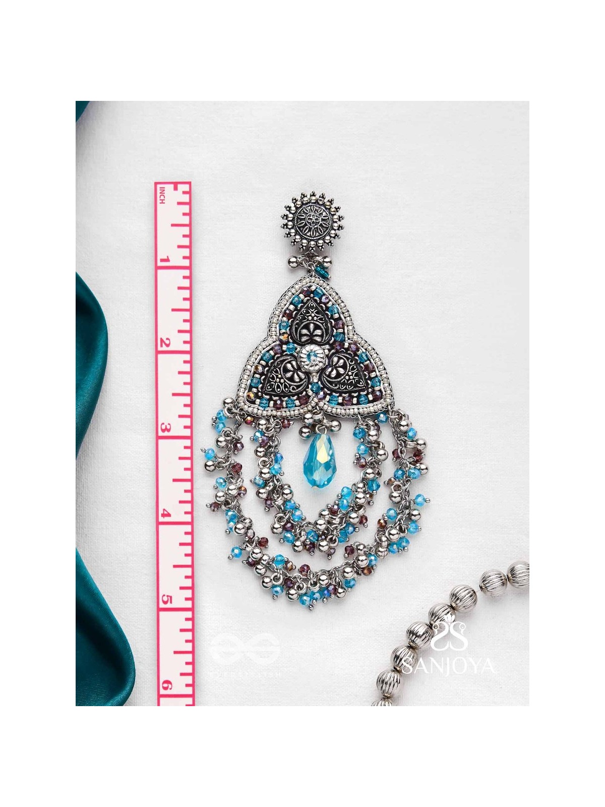 Prakirtih- The Euphoric Celebrations- Beads And Glass Drops Hand Embroidered Oxidised Earrings