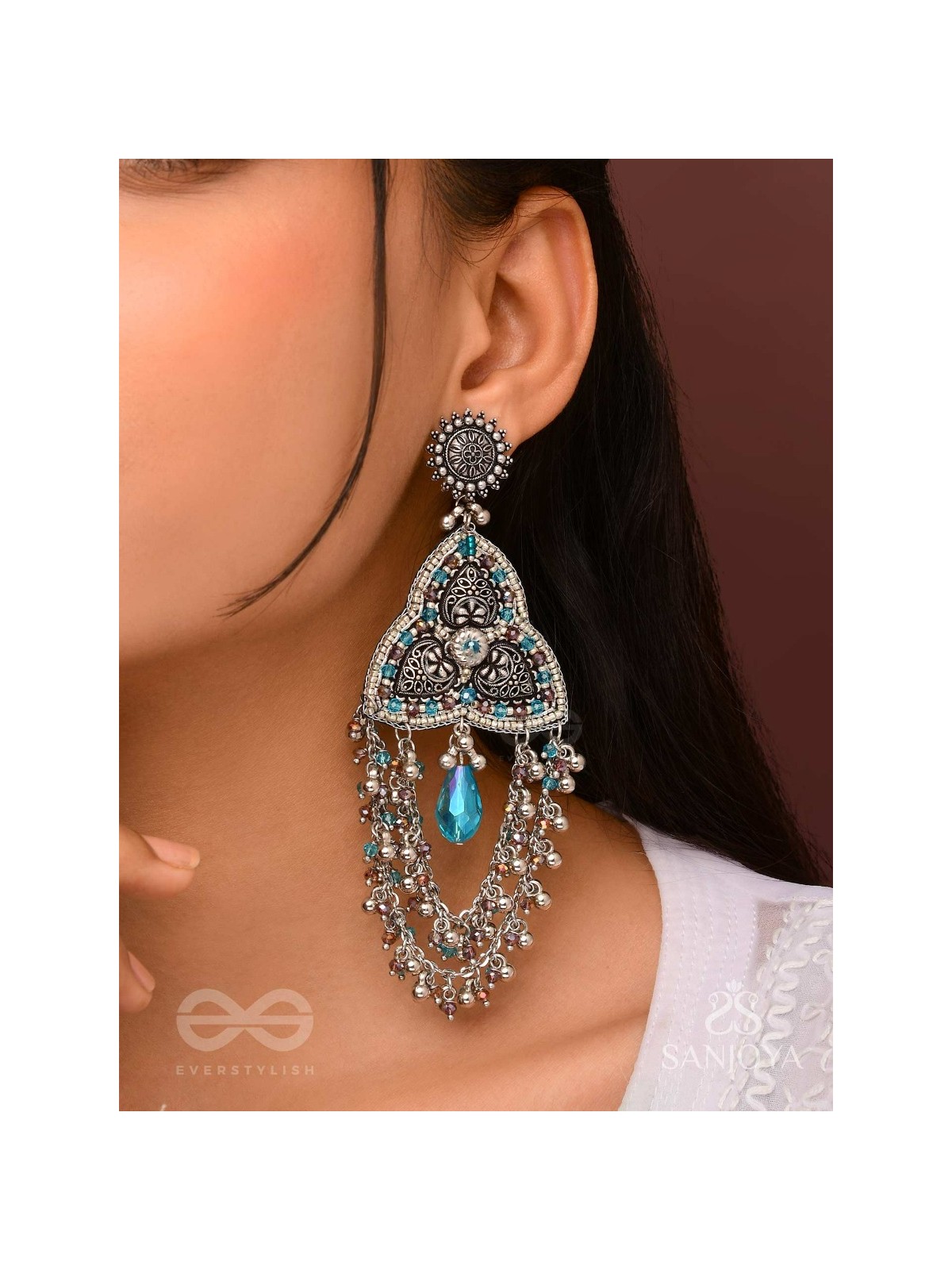 Prakirtih- The Euphoric Celebrations- Beads And Glass Drops Hand Embroidered Oxidised Earrings