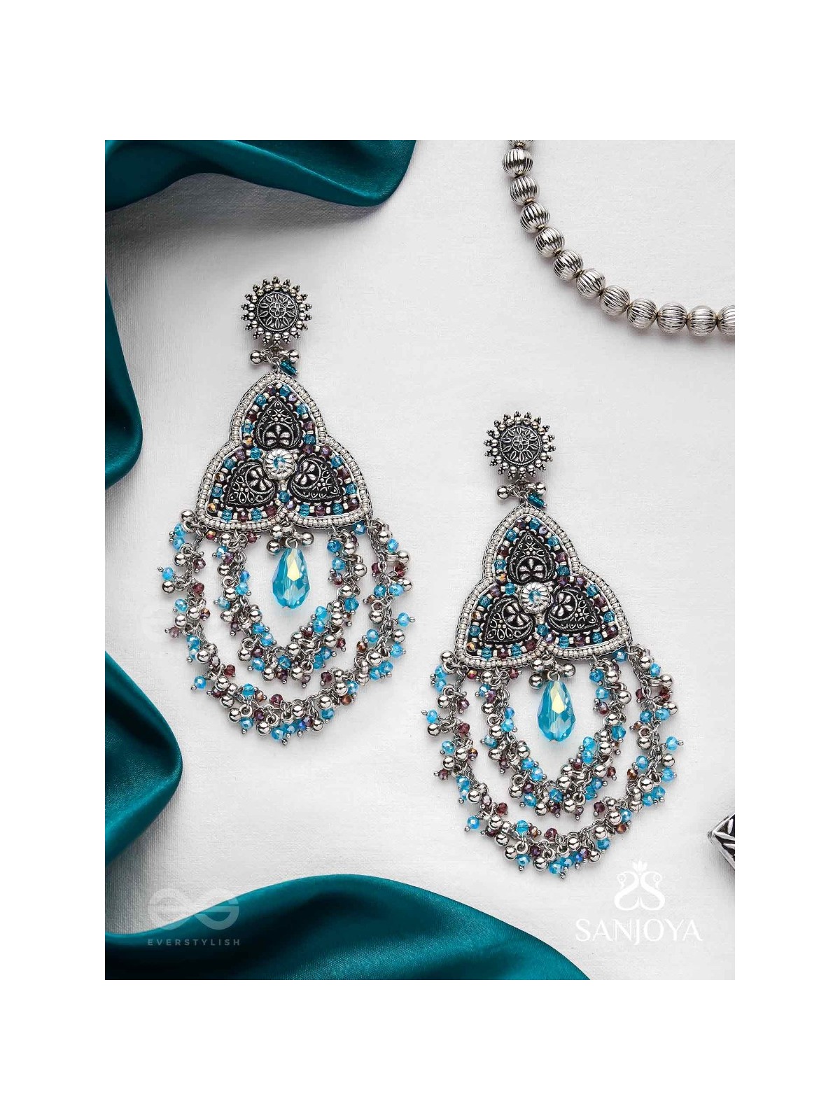 Prakirtih- The Euphoric Celebrations- Beads And Glass Drops Hand Embroidered Oxidised Earrings