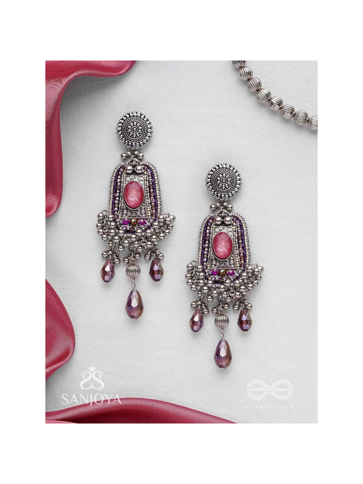 Parmeshthyam - The Fuchsia Royalty - Stone, Beads And Glass Drops Hand Embroidered Oxidised Earrings 