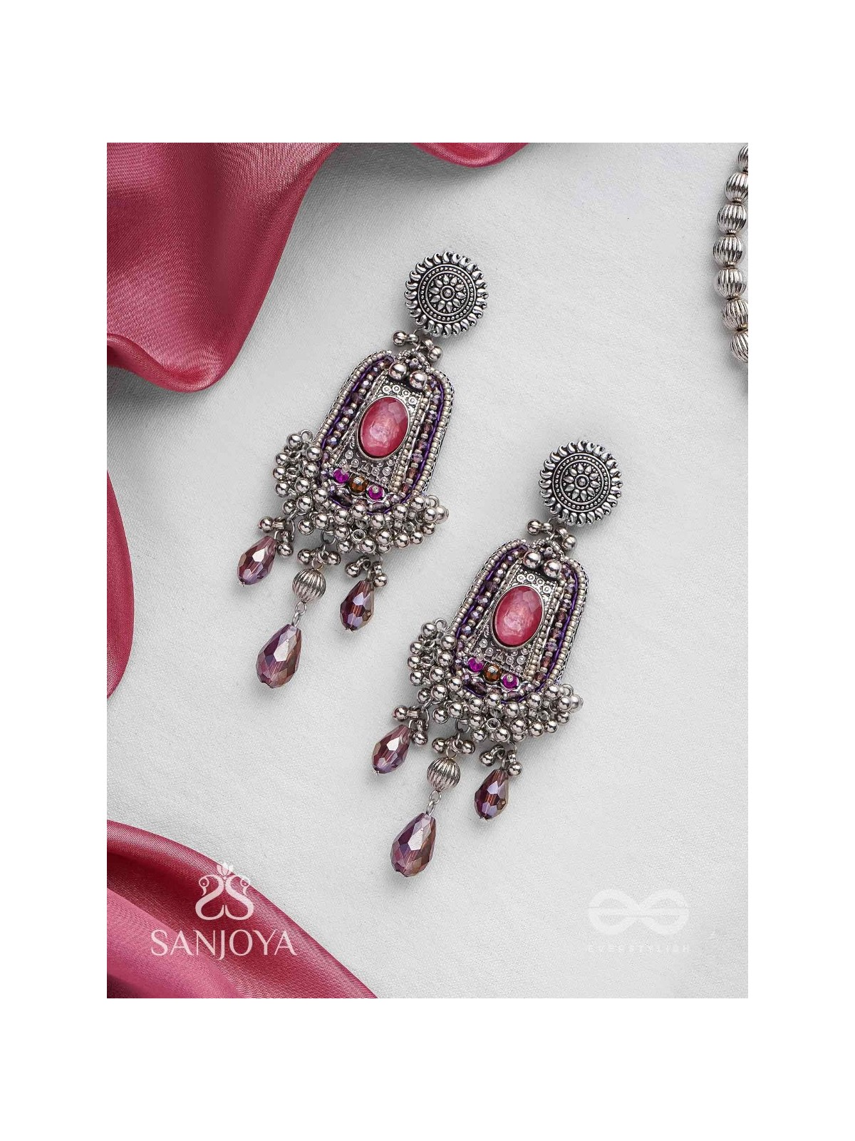 Parmeshthyam - The Fuchsia Royalty - Stone, Beads And Glass Drops Hand Embroidered Oxidised Earrings 