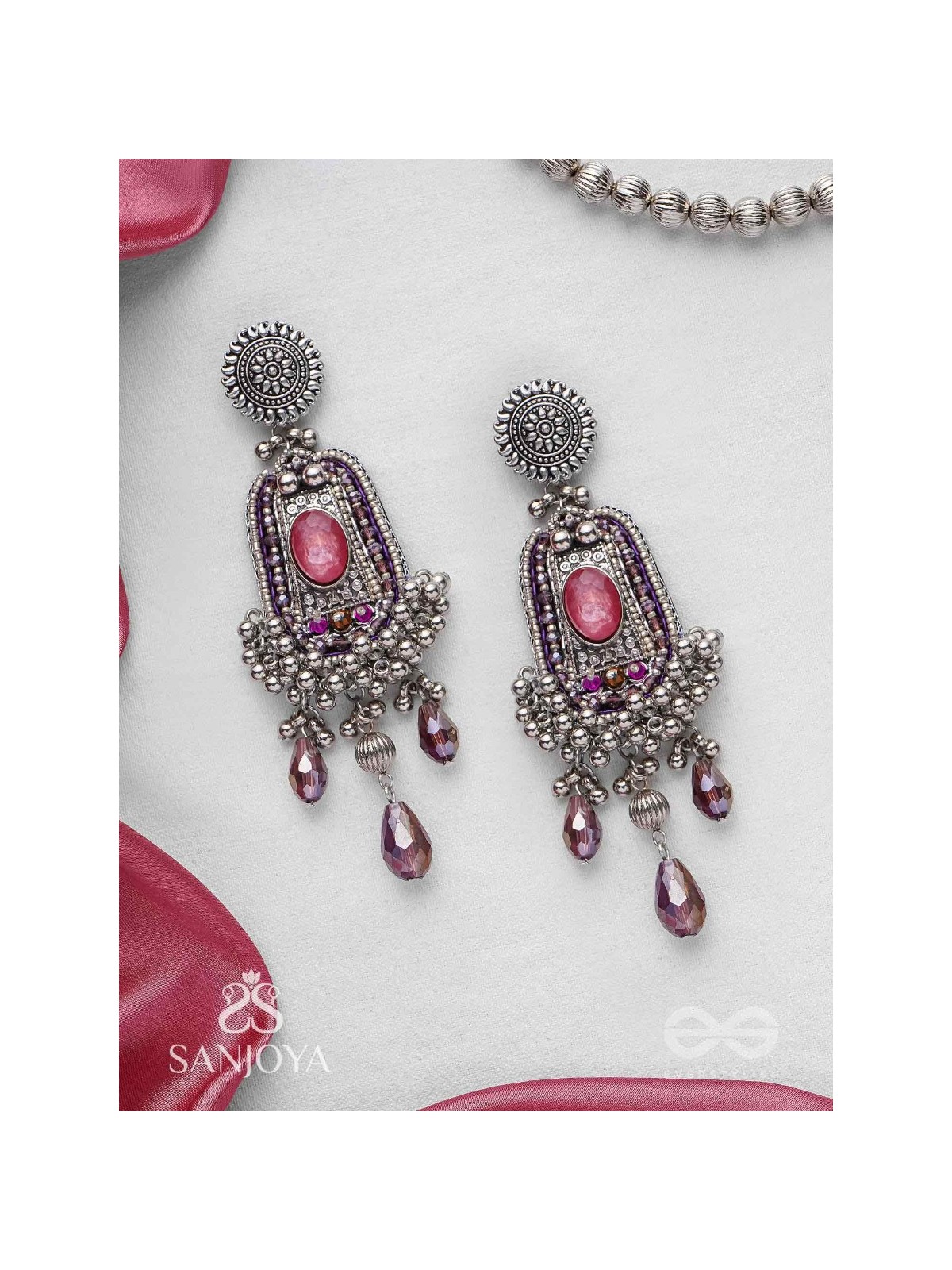 Parmeshthyam - The Fuchsia Royalty - Stone, Beads And Glass Drops Hand Embroidered Oxidised Earrings 