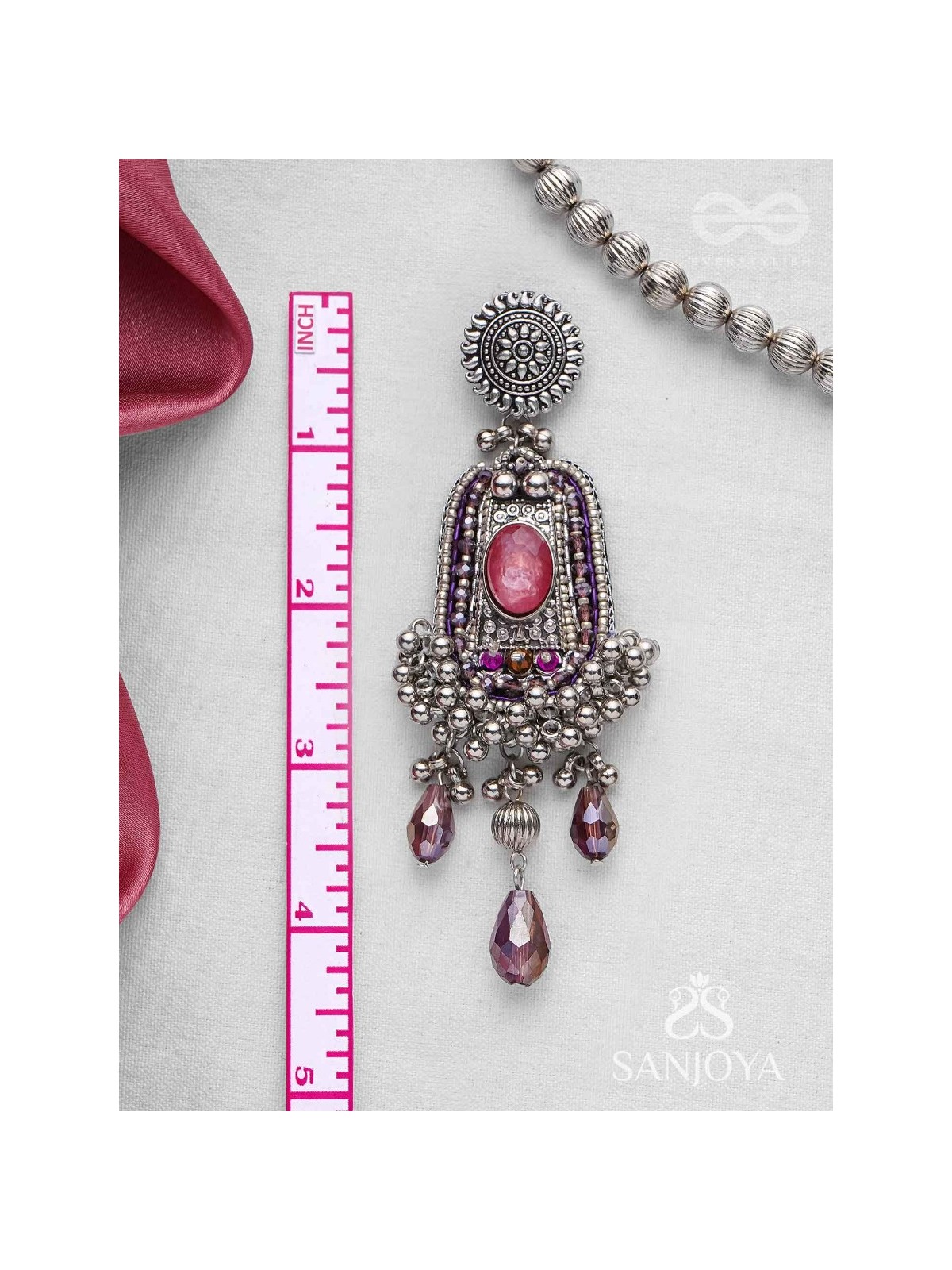 Parmeshthyam - The Fuchsia Royalty - Stone, Beads And Glass Drops Hand Embroidered Oxidised Earrings 