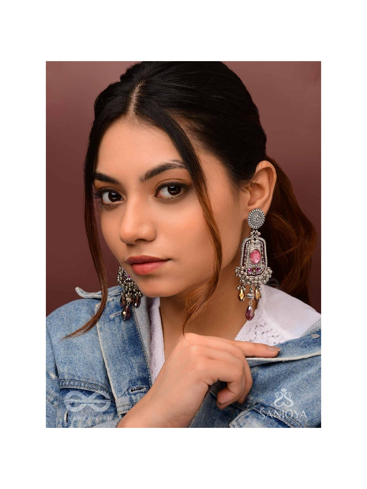 Parmeshthyam - The Fuchsia Royalty - Stone, Beads And Glass Drops Hand Embroidered Oxidised Earrings 