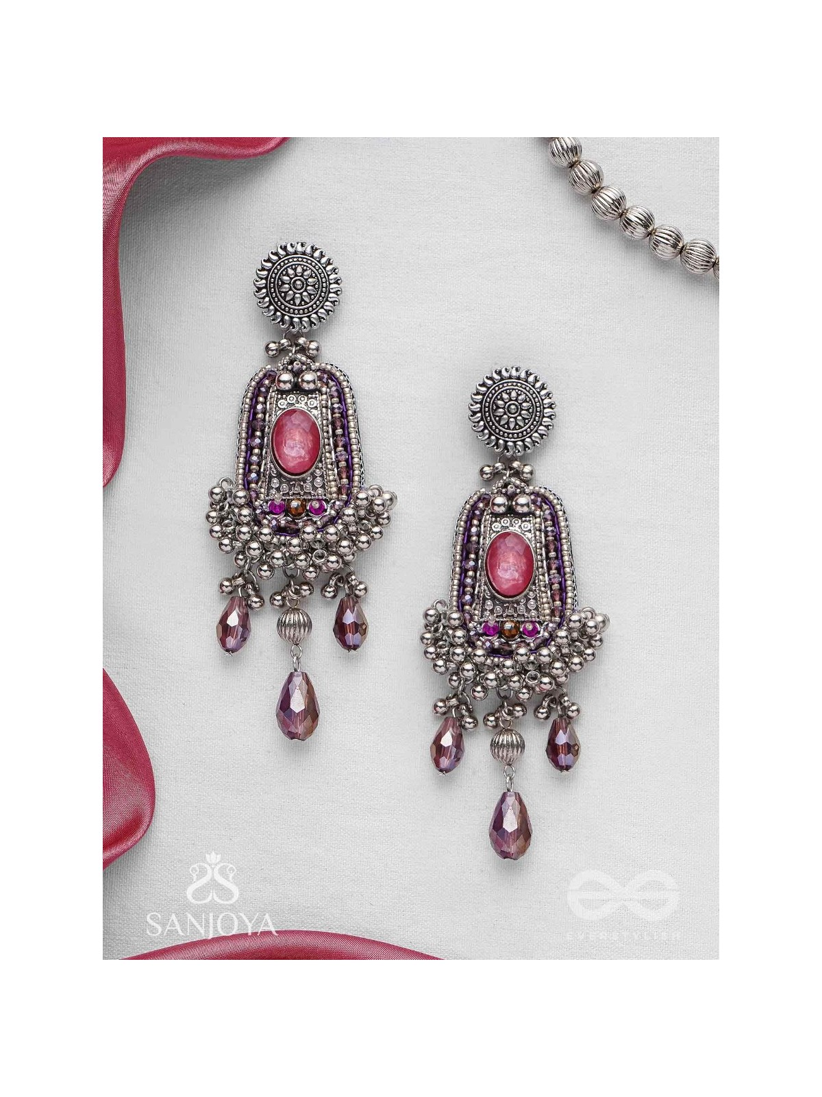 Parmeshthyam - The Fuchsia Royalty - Stone, Beads And Glass Drops Hand Embroidered Oxidised Earrings 