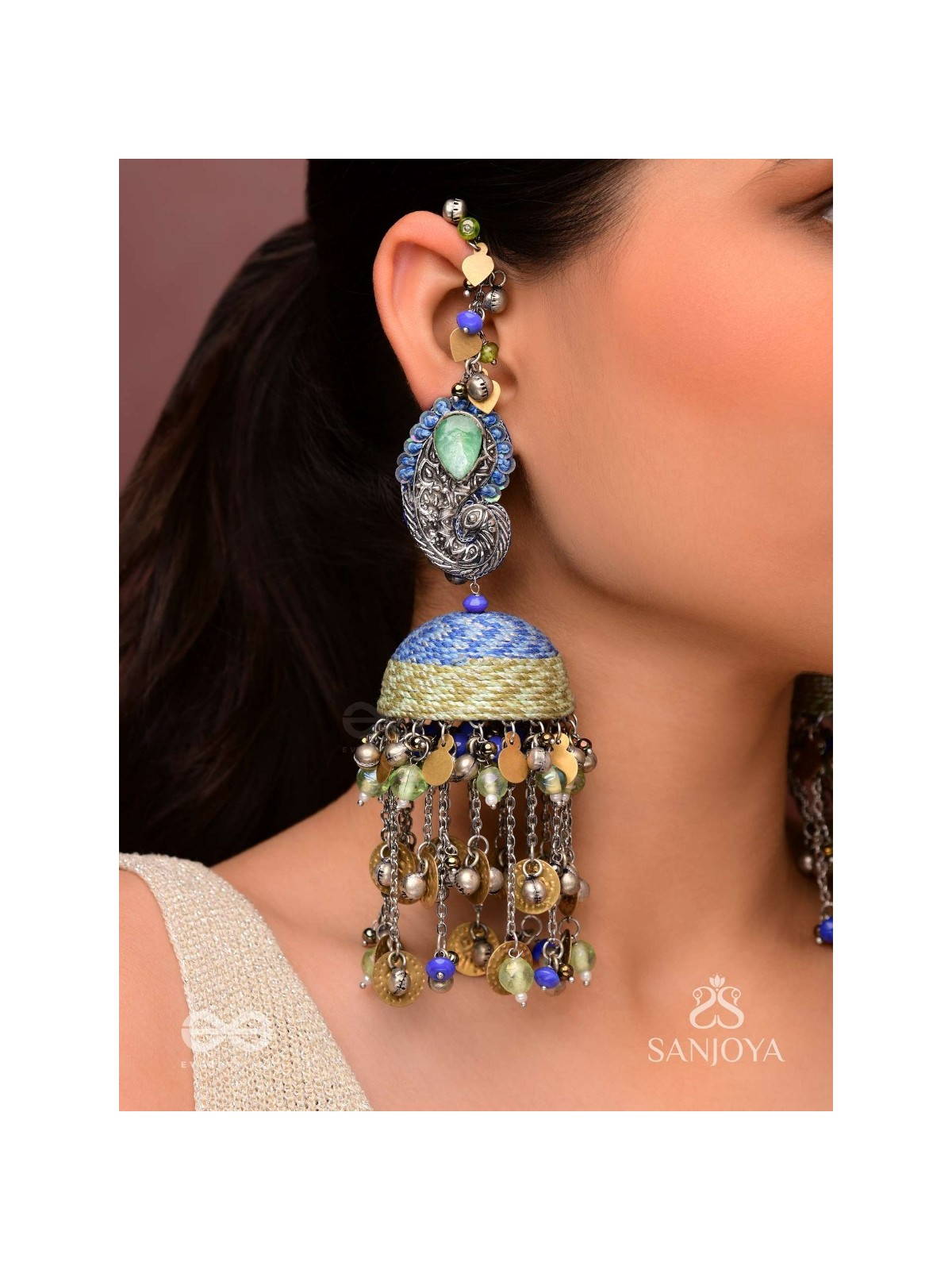 Anugita - Song Of The Sky - Stone, Coins And Beads Hand Embroidered Oxidised Earrings