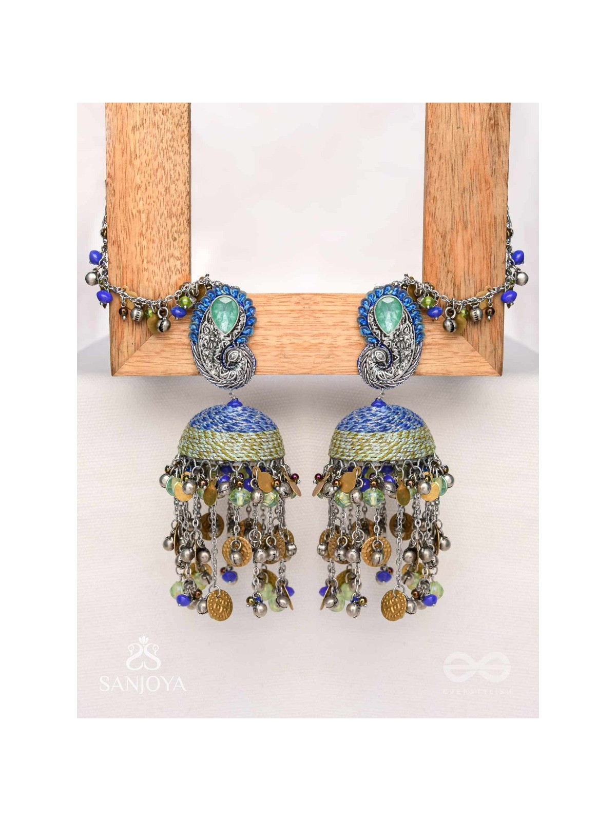 Anugita - Song Of The Sky - Stone, Coins And Beads Hand Embroidered Oxidised Earrings