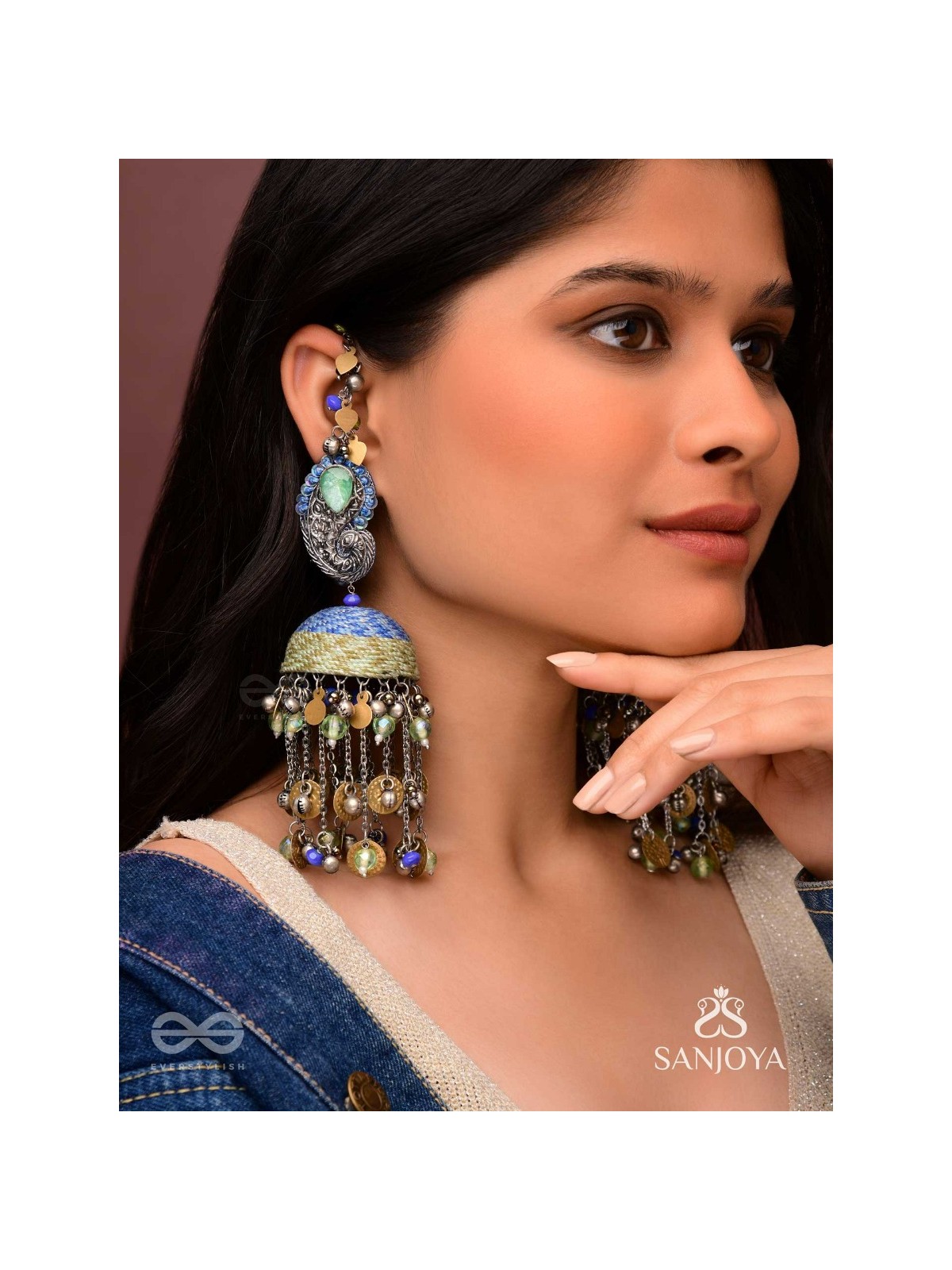 Anugita - Song Of The Sky - Stone, Coins And Beads Hand Embroidered Oxidised Earrings